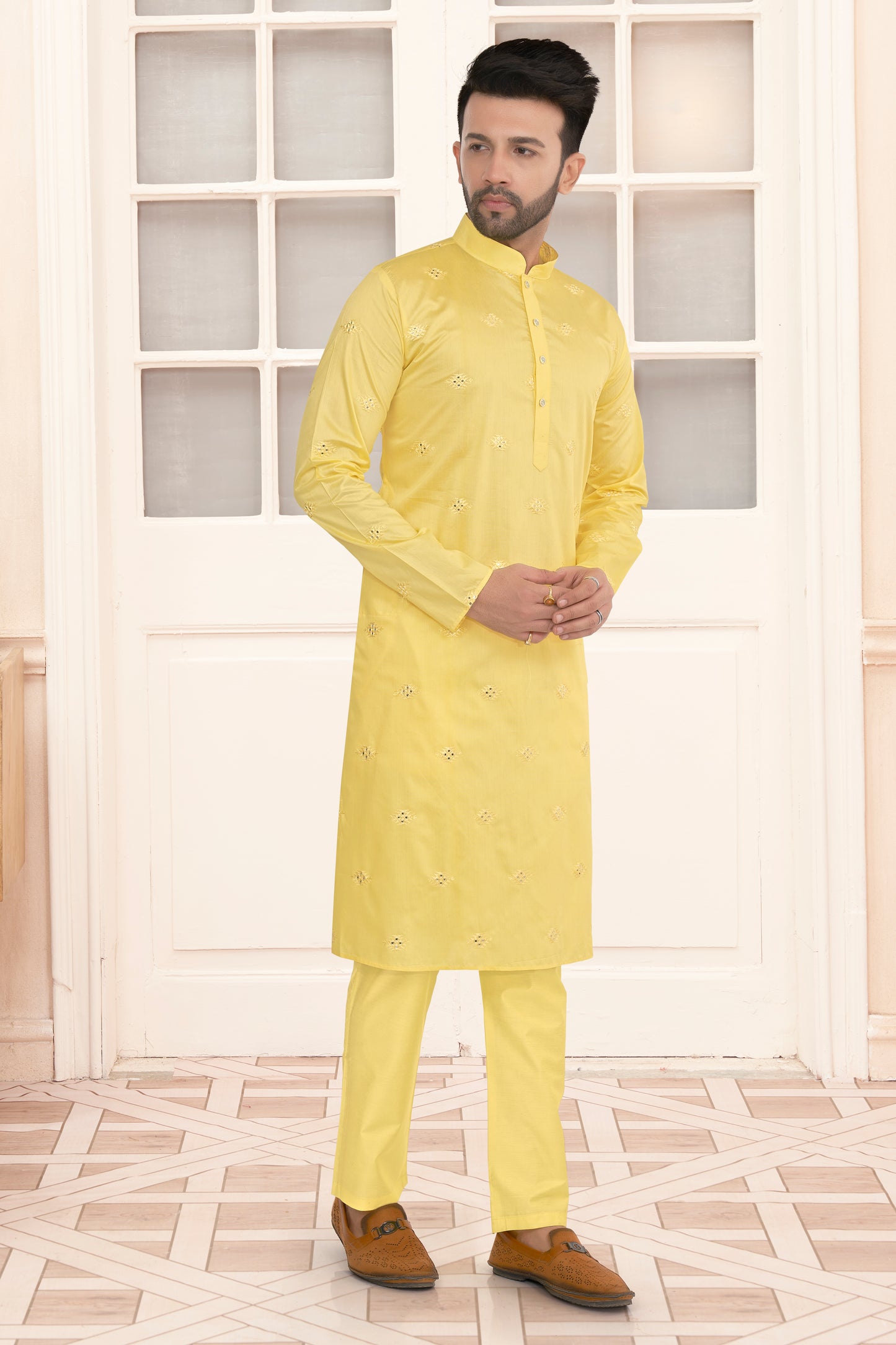 Yellow Mirror Butta Kurta Set