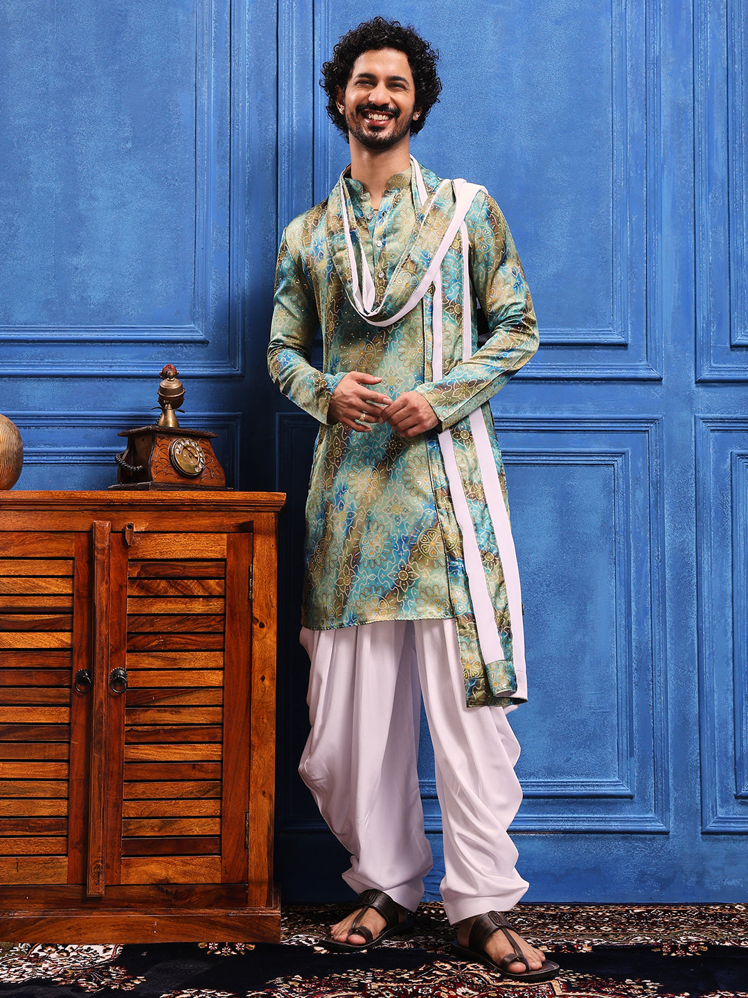 Teal Blue-Seagreen bandhani Printed Kurta Plus Dupatta Set