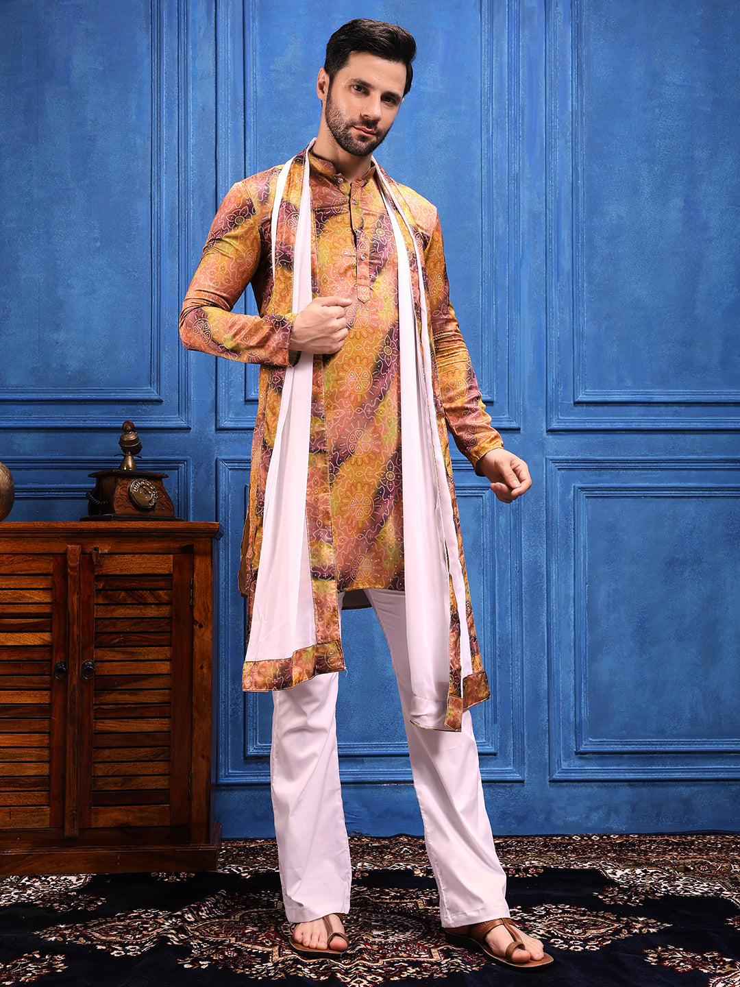 Mustard-Wine bandhani  Printed Kurta Plus Dupatta Set