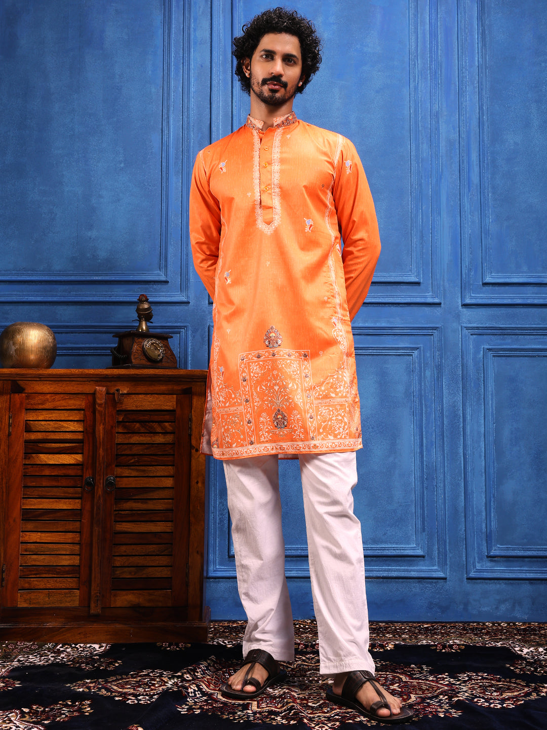 Fire Orange Foil Print On Cotton Satin Kurta