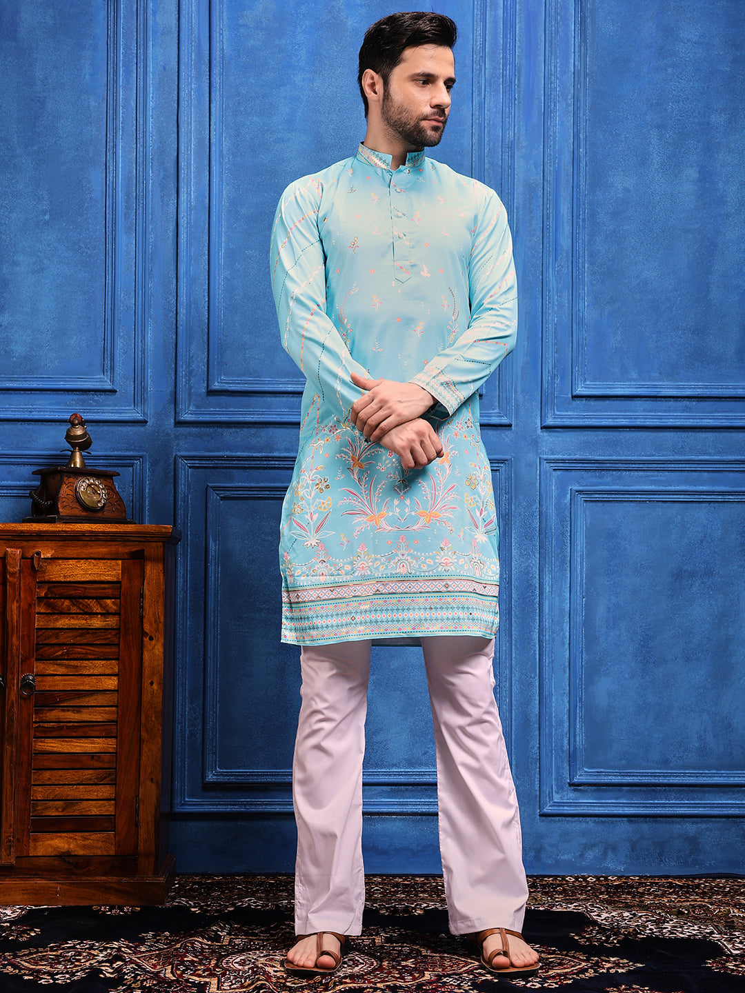 Sky Blue Foil Print On Cotton Satin Kurta
