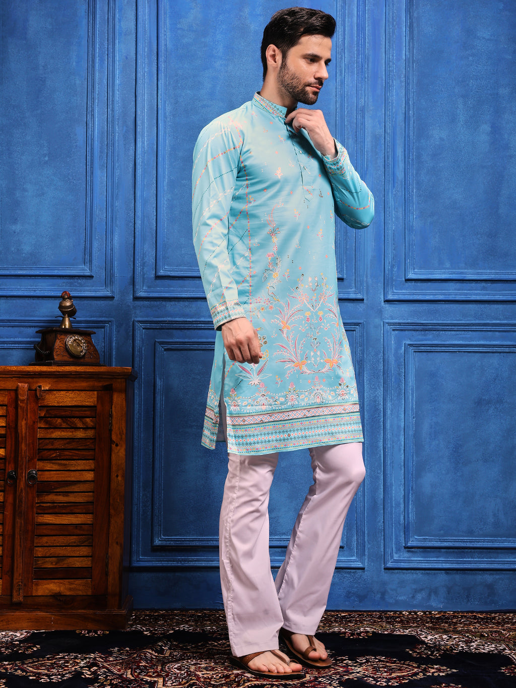 Sky Blue Foil Print On Cotton Satin Kurta