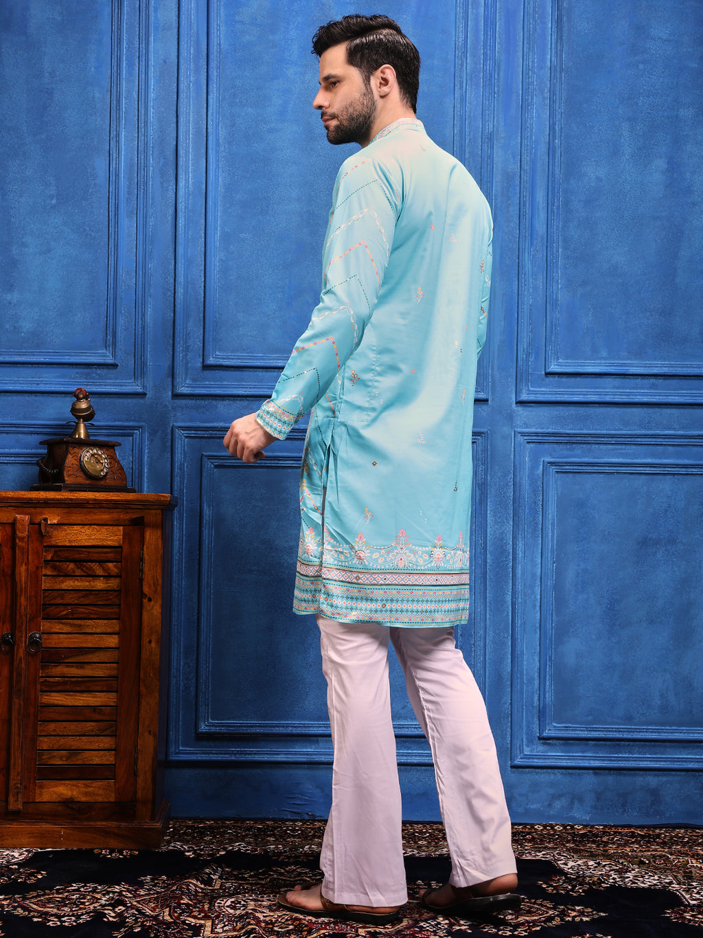 Sky Blue Foil Print On Cotton Satin Kurta