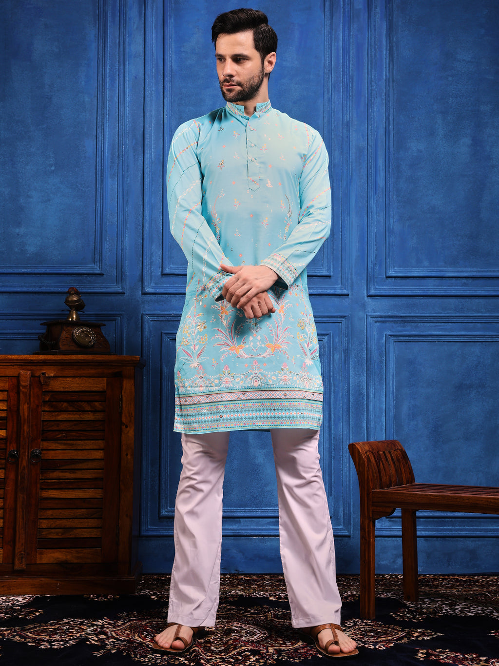 Sky Blue Foil Print On Cotton Satin Kurta