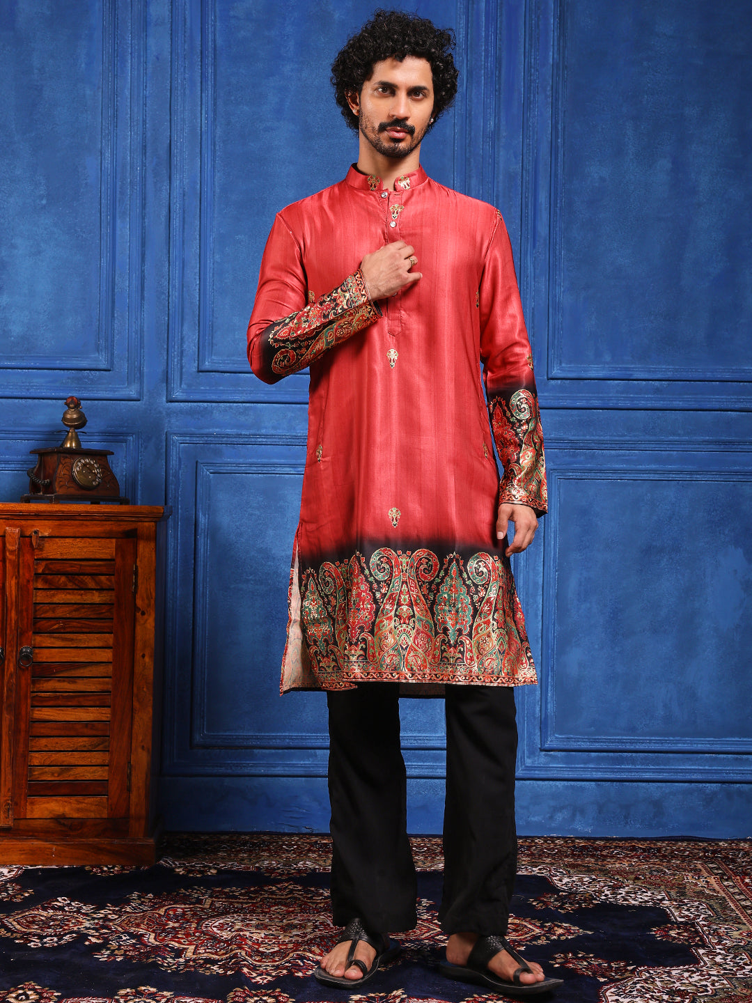 Rani Pink Foil Printed Cotton Linen Kurta Set