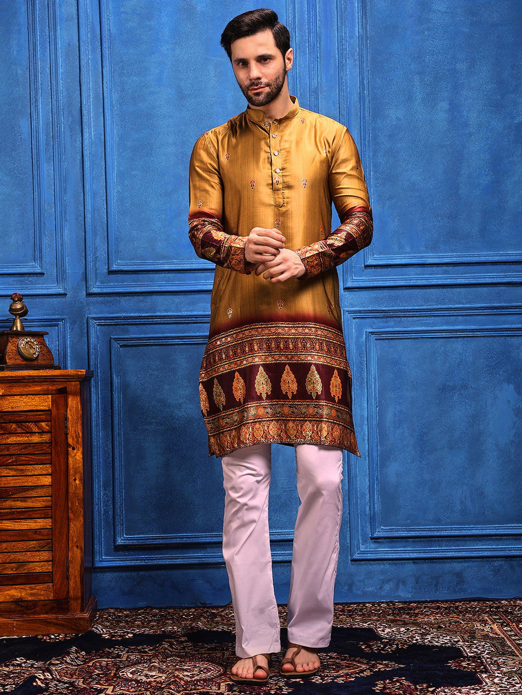 Rustic Mustard Foil Printed Cotton Linen Kurta Set