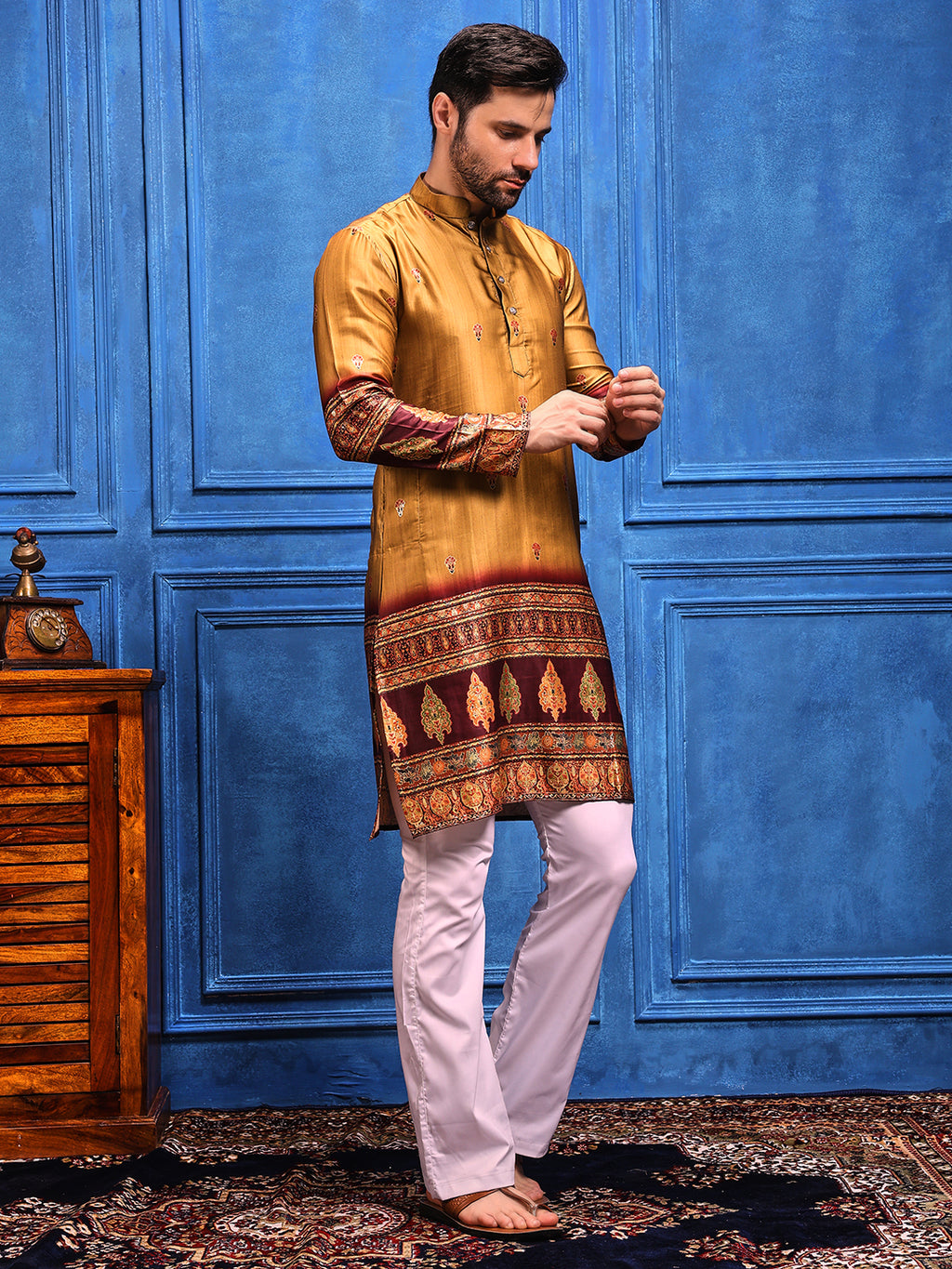 Rustic Mustard Foil Printed Cotton Linen Kurta Set