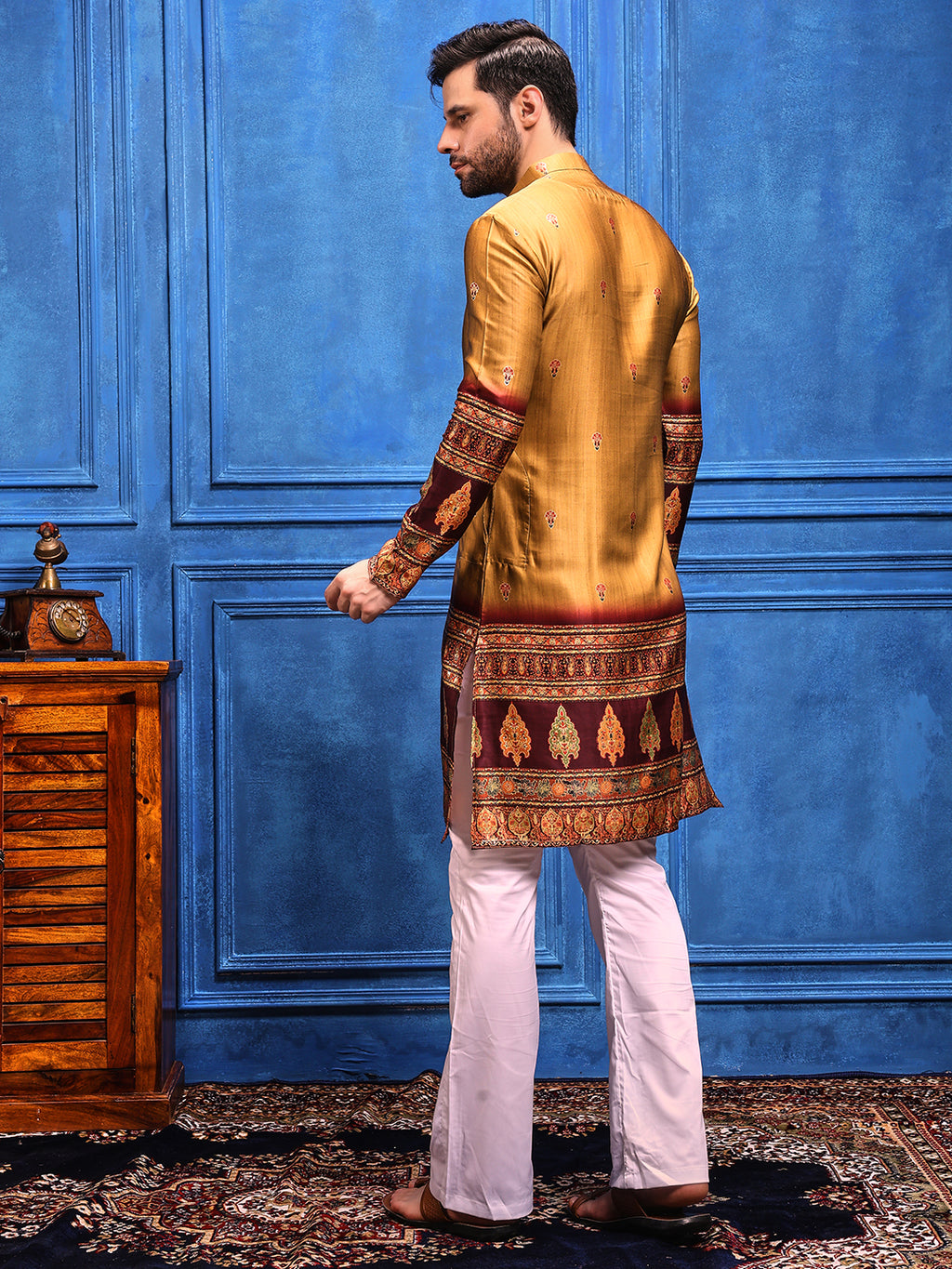 Rustic Mustard Foil Printed Cotton Linen Kurta Set