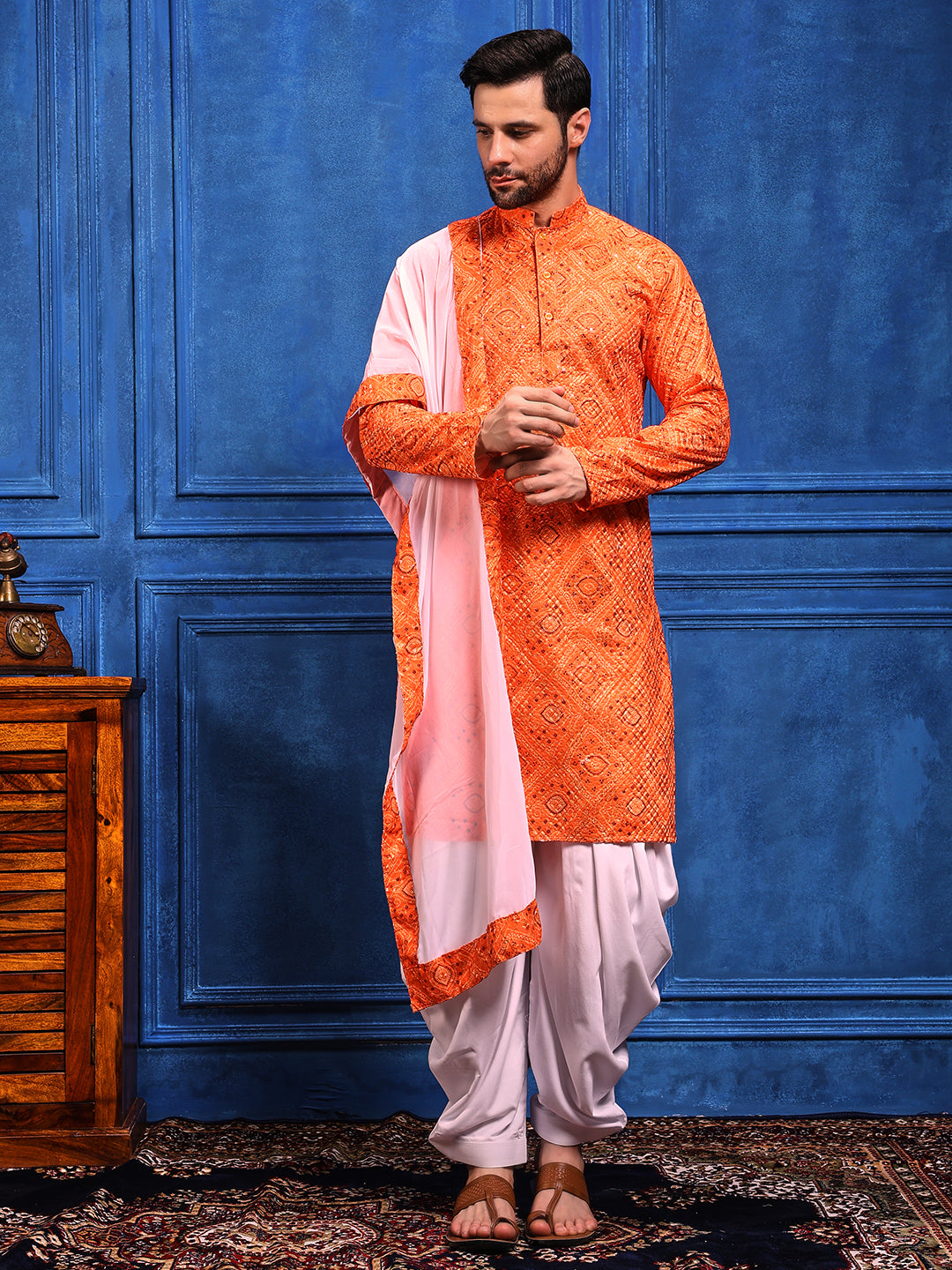 Orange Bandhani Printed Kurta Plus Dupatta Set