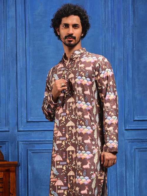 Brown Multicolored Linen Printed Kurta