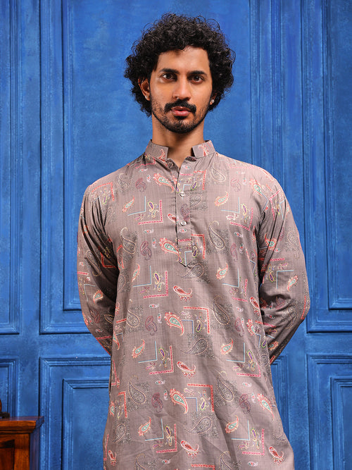 Grey Multicolored Linen Printed Kurta