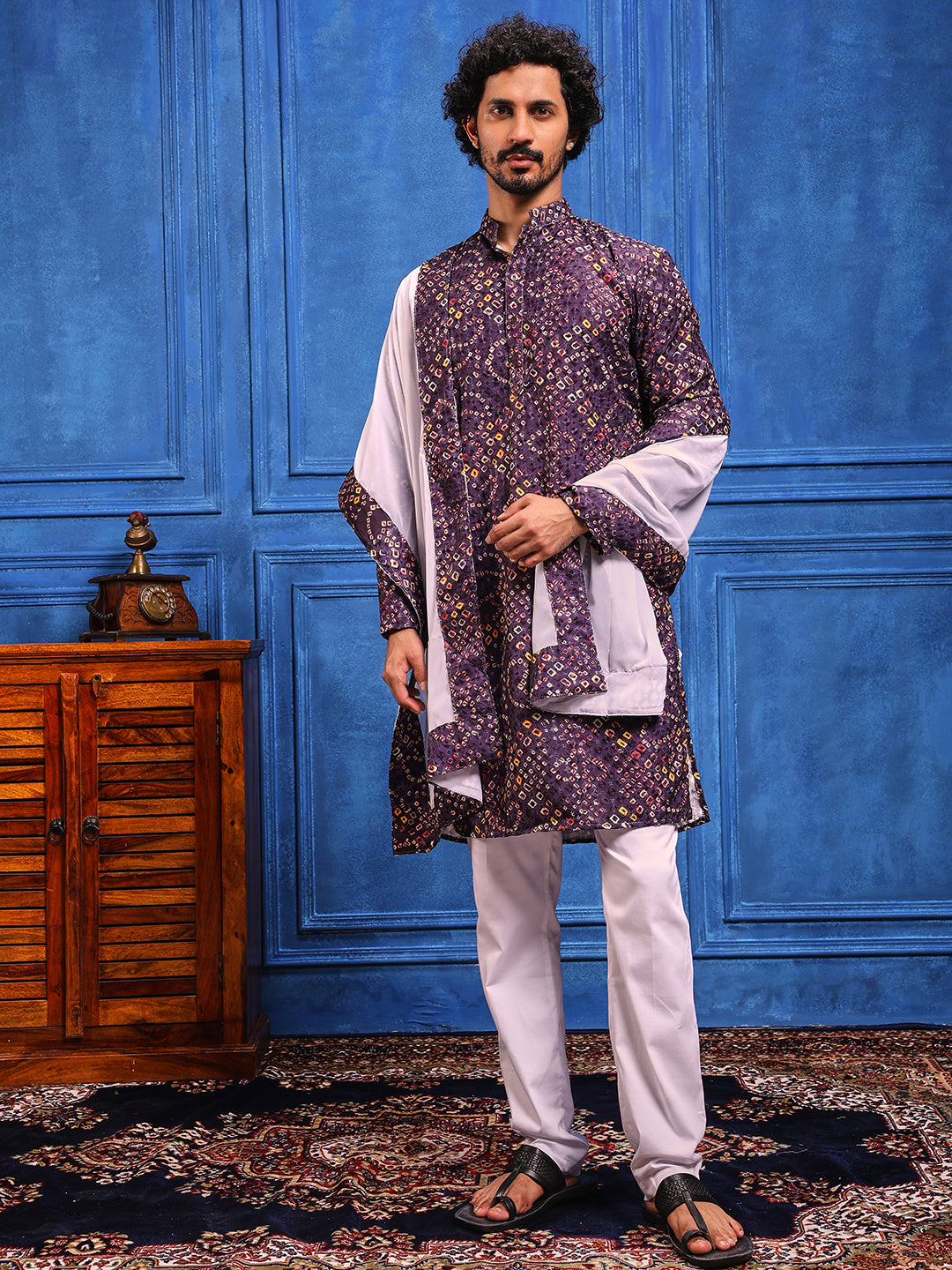 Wine Multicolored Bandhani Printed Kurta Plus Dupatta Set