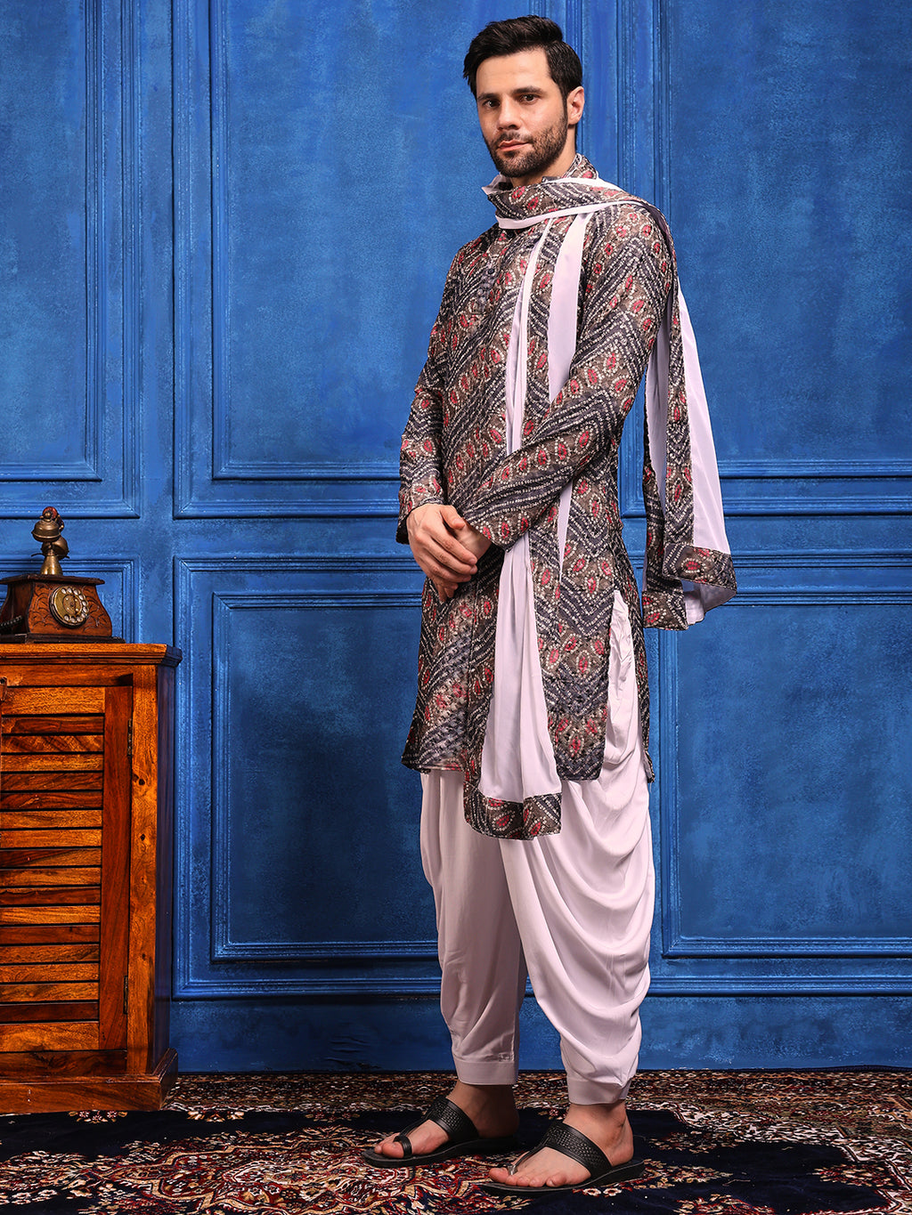 Grey Bandhani Printed Kurta Plus Dupatta Set
