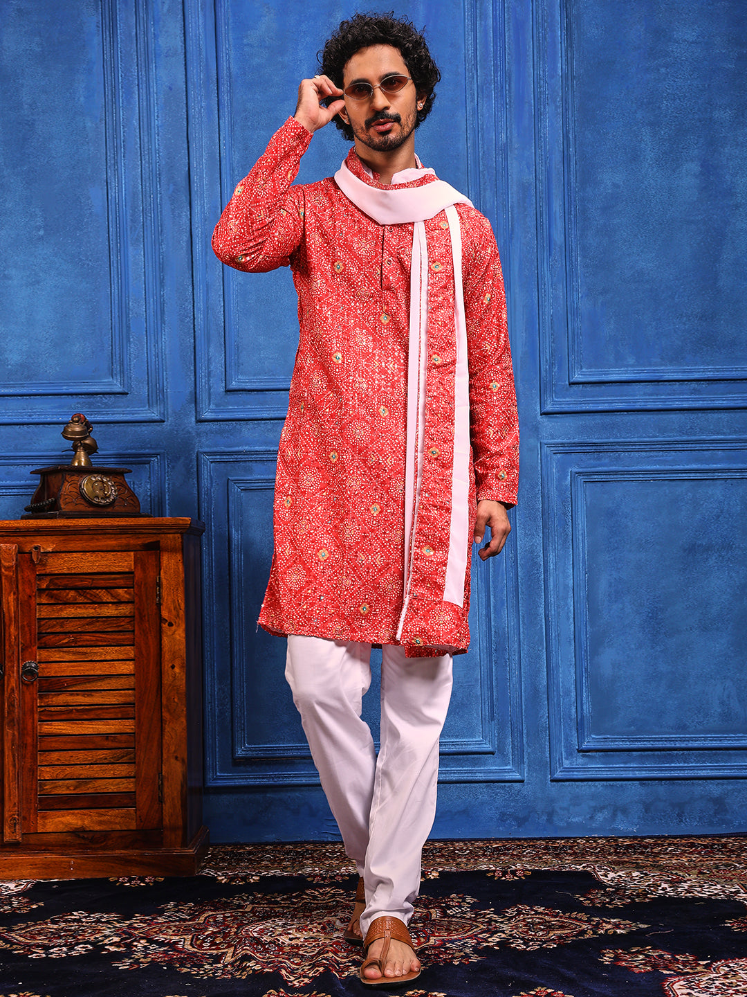 Red Bandhani Printed Kurta Plus Dupatta Set