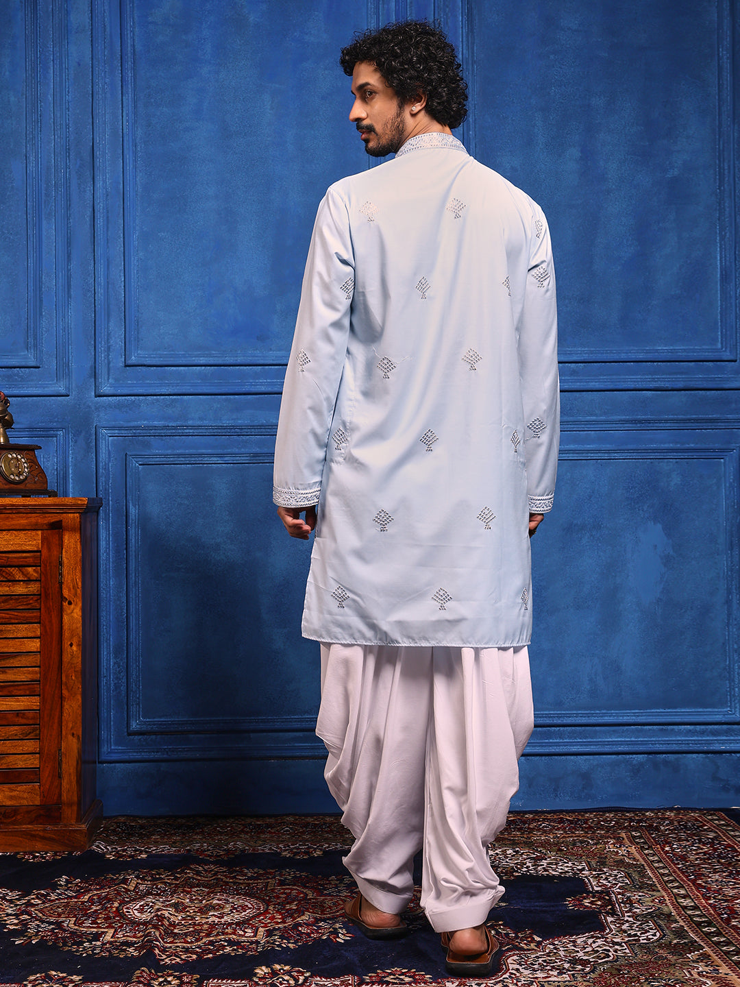 Sky Blue Embroidered Kurta With Dupatta And Patiala Pant Set