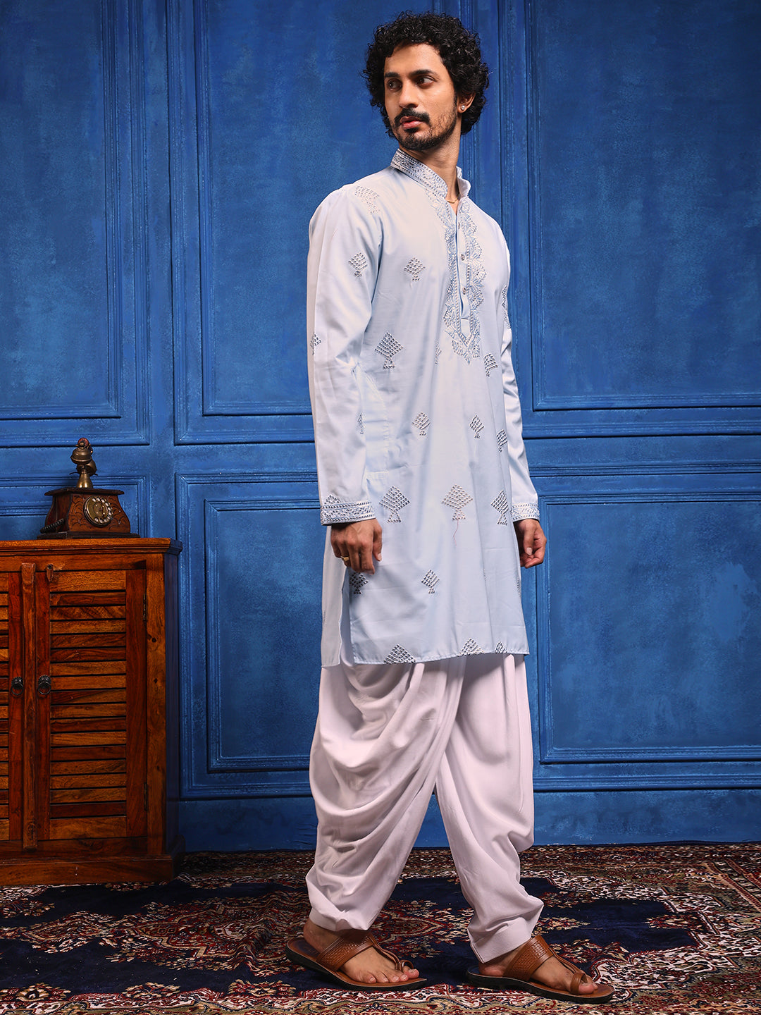 Sky Blue Embroidered Kurta With Dupatta And Patiala Pant Set