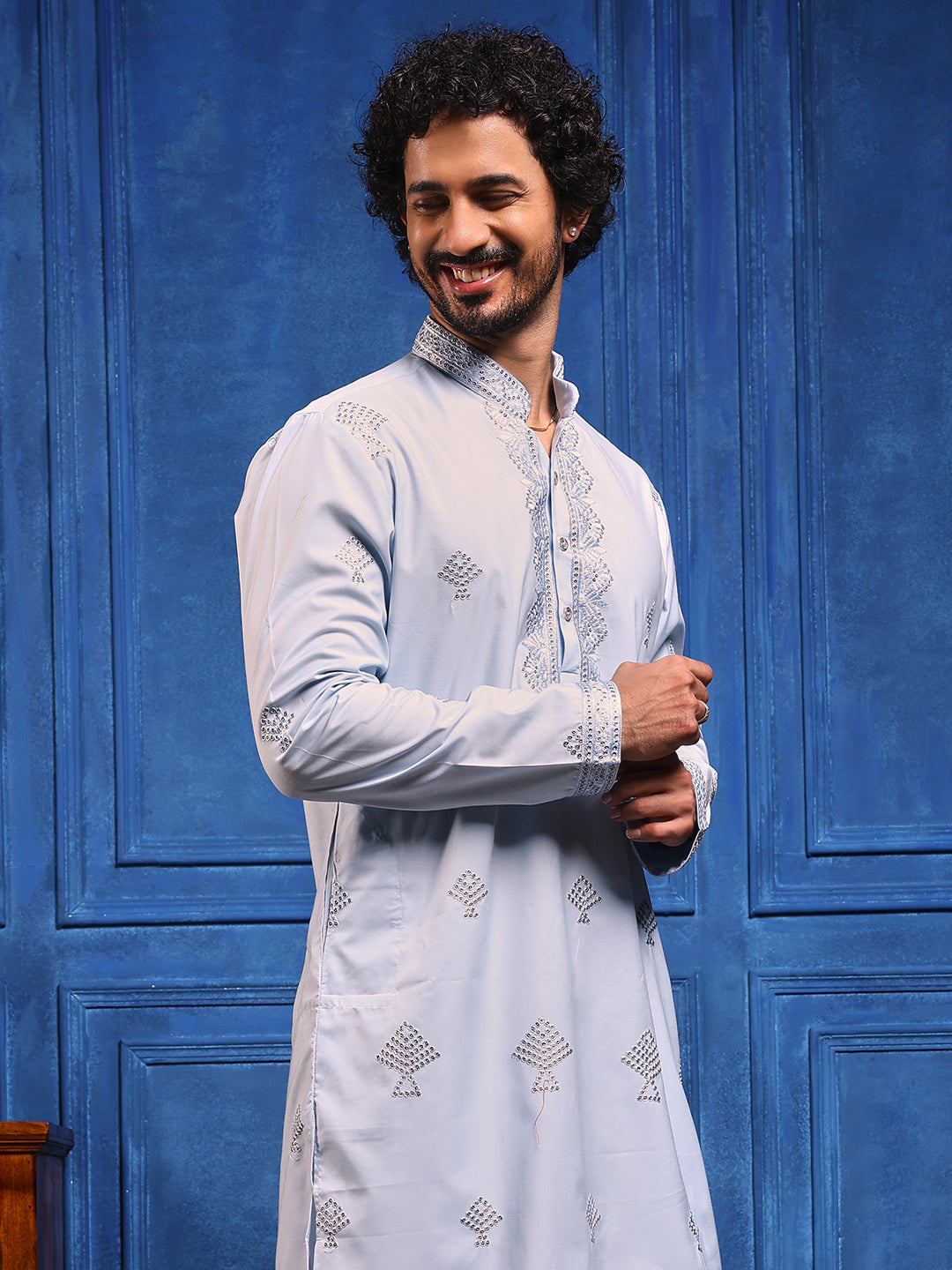 Sky Blue Embroidered Kurta With Dupatta And Patiala Pant Set