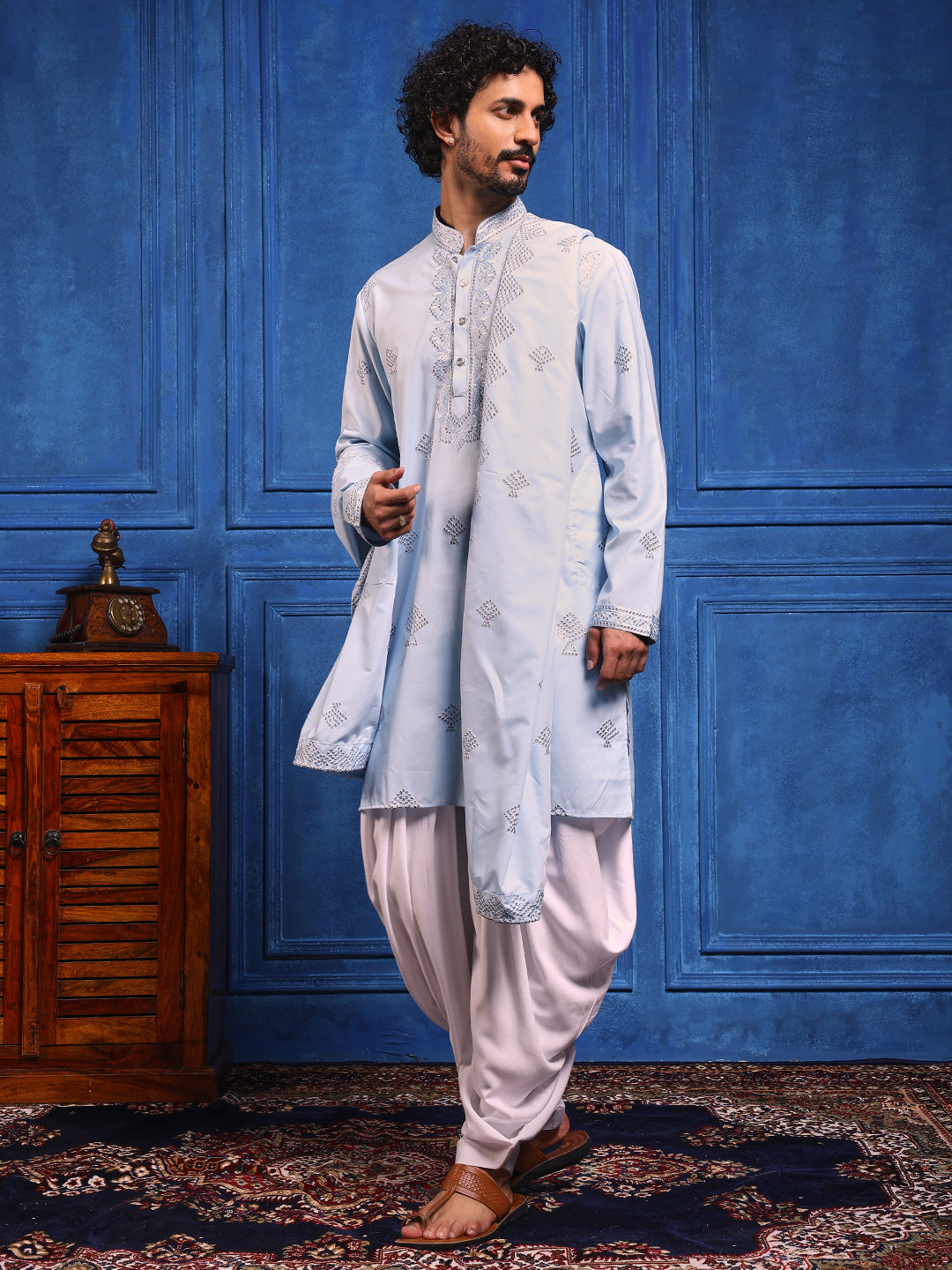 Sky Blue Embroidered Kurta With Dupatta And Patiala Pant Set