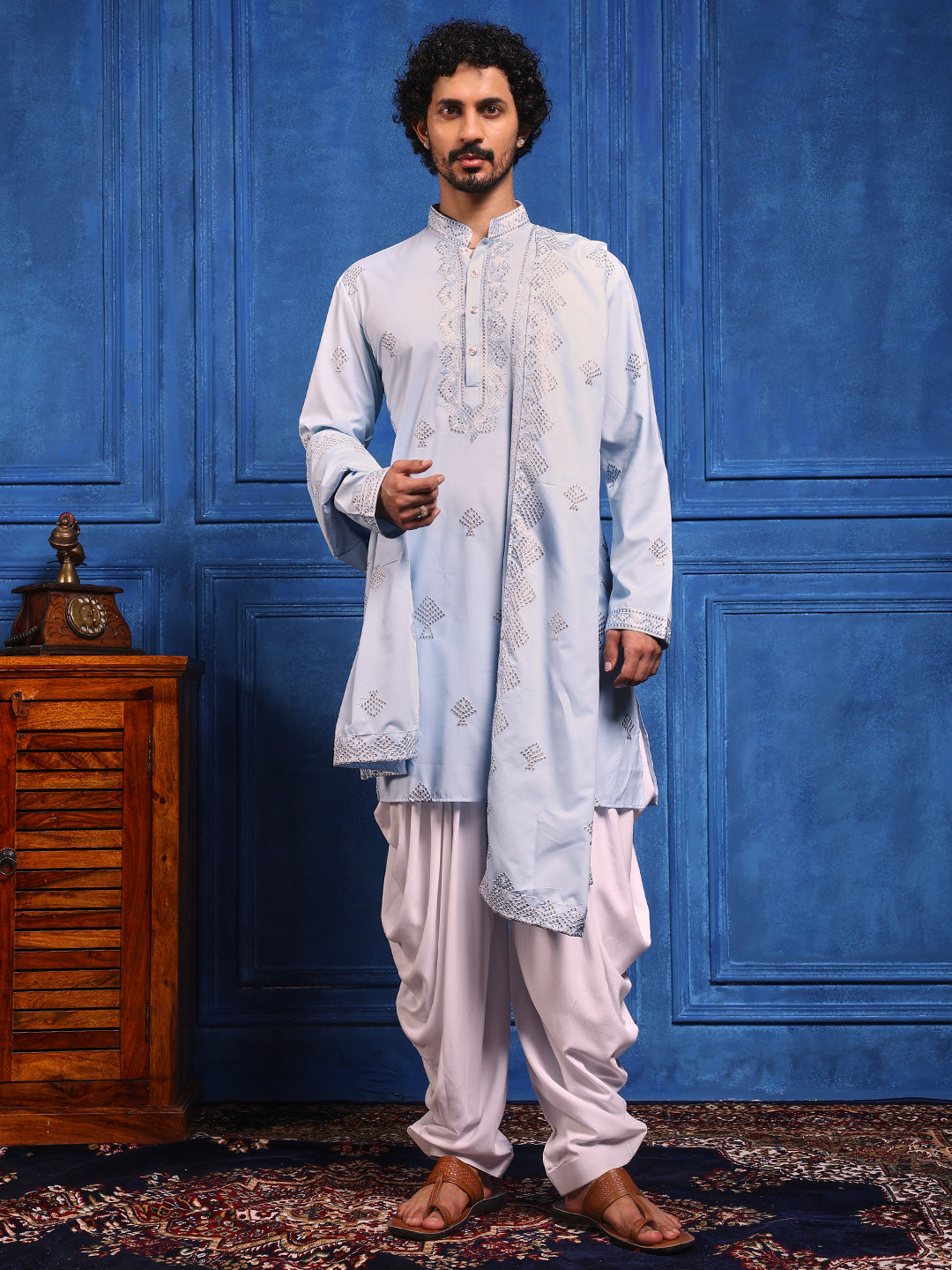 Sky Blue Embroidered Kurta With Dupatta And Patiala Pant Set