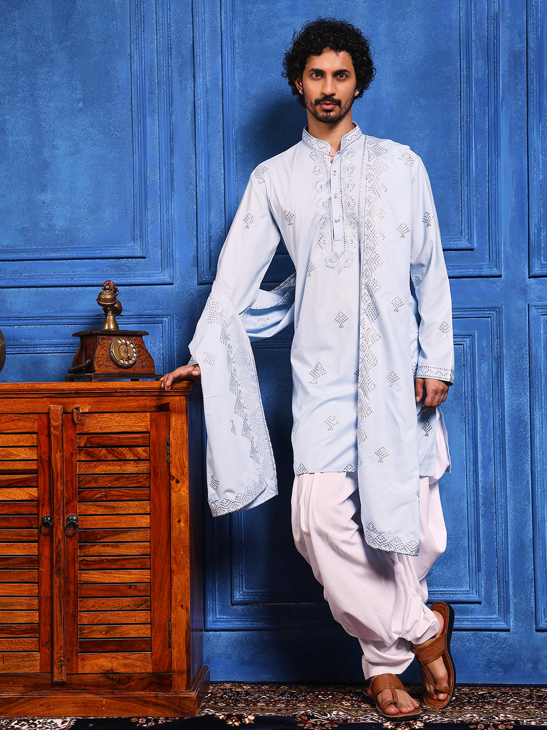 Sky Blue Embroidered Kurta With Dupatta And Patiala Pant Set