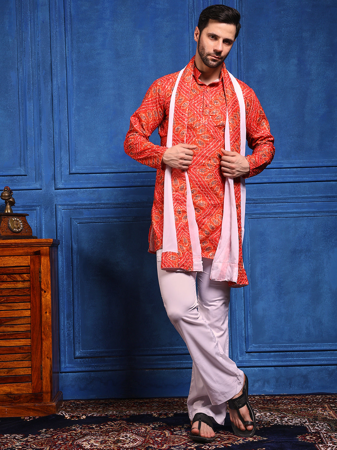 Bright Orange Bandhani Printed SHORT Kurta+Dupatta+pant set