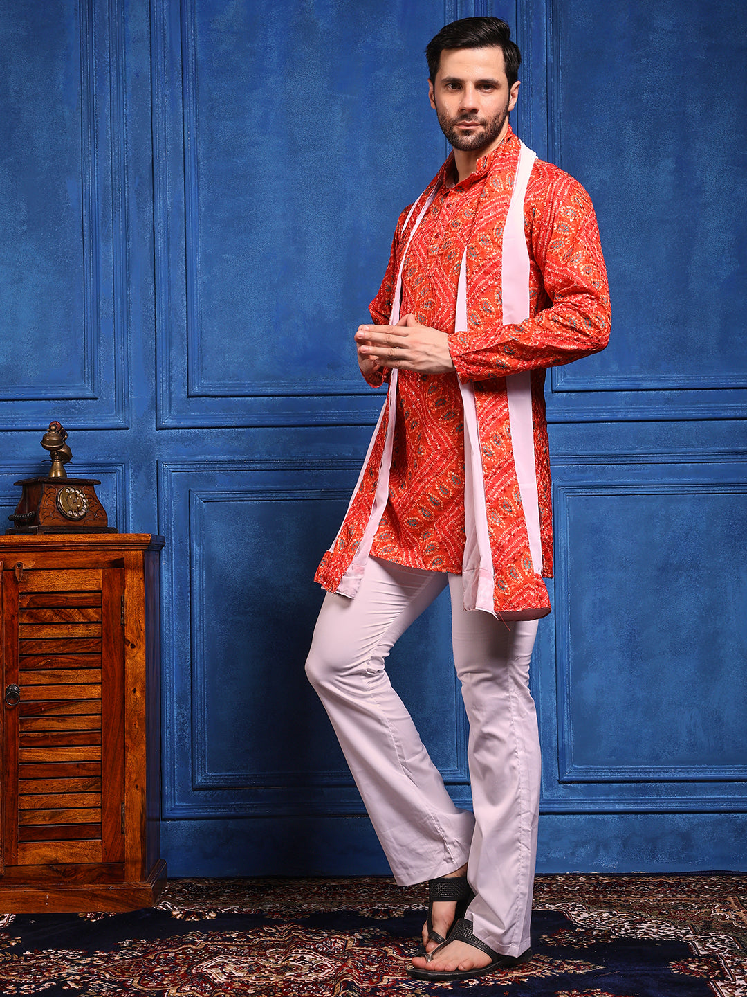 Bright Orange Bandhani Printed SHORT Kurta+Dupatta+pant set