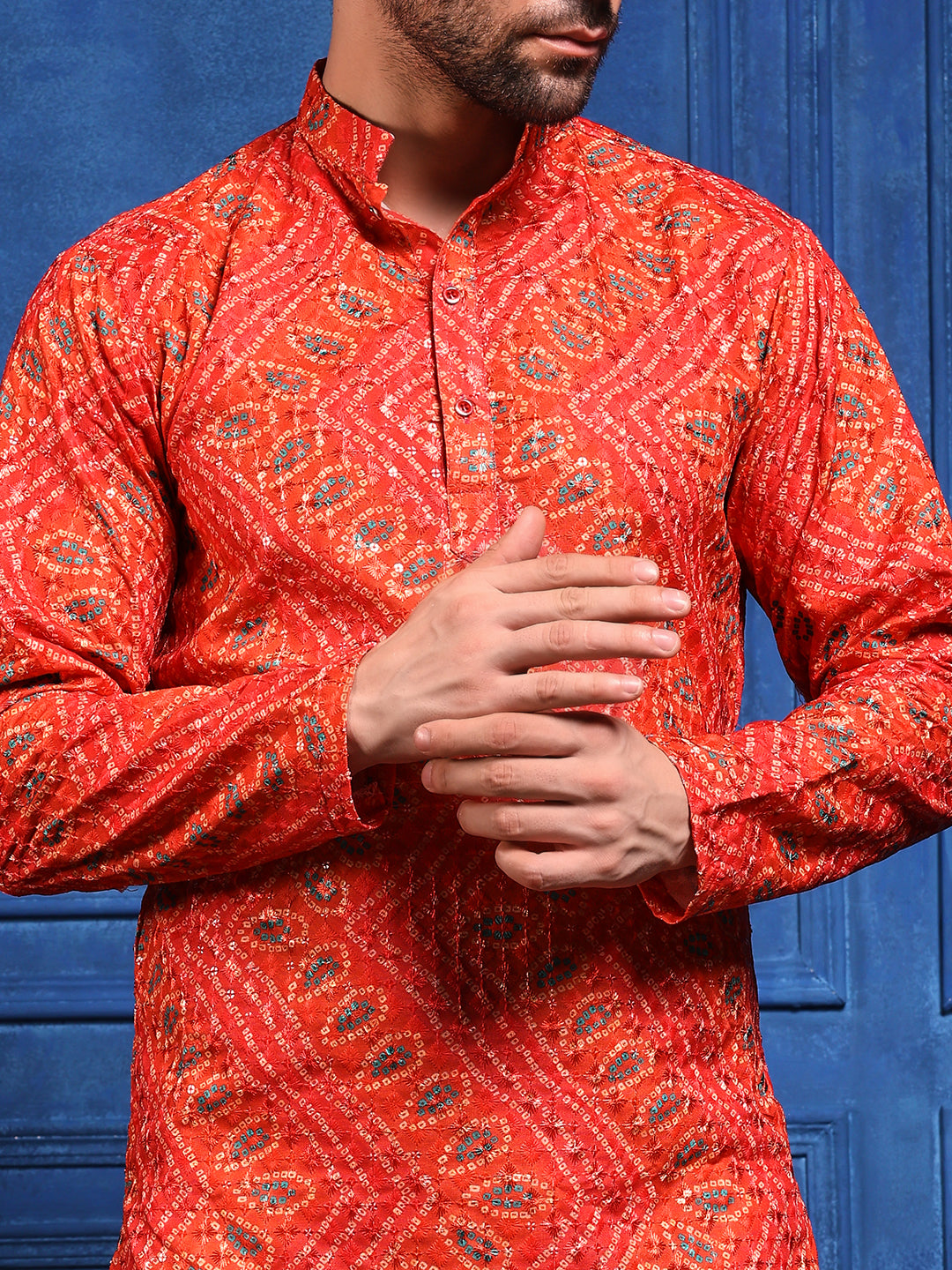 Bright Orange Bandhani Printed SHORT Kurta+Dupatta+pant set