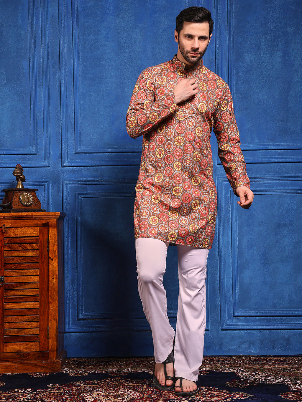 Brown Multicolored Printed Linen Kurta