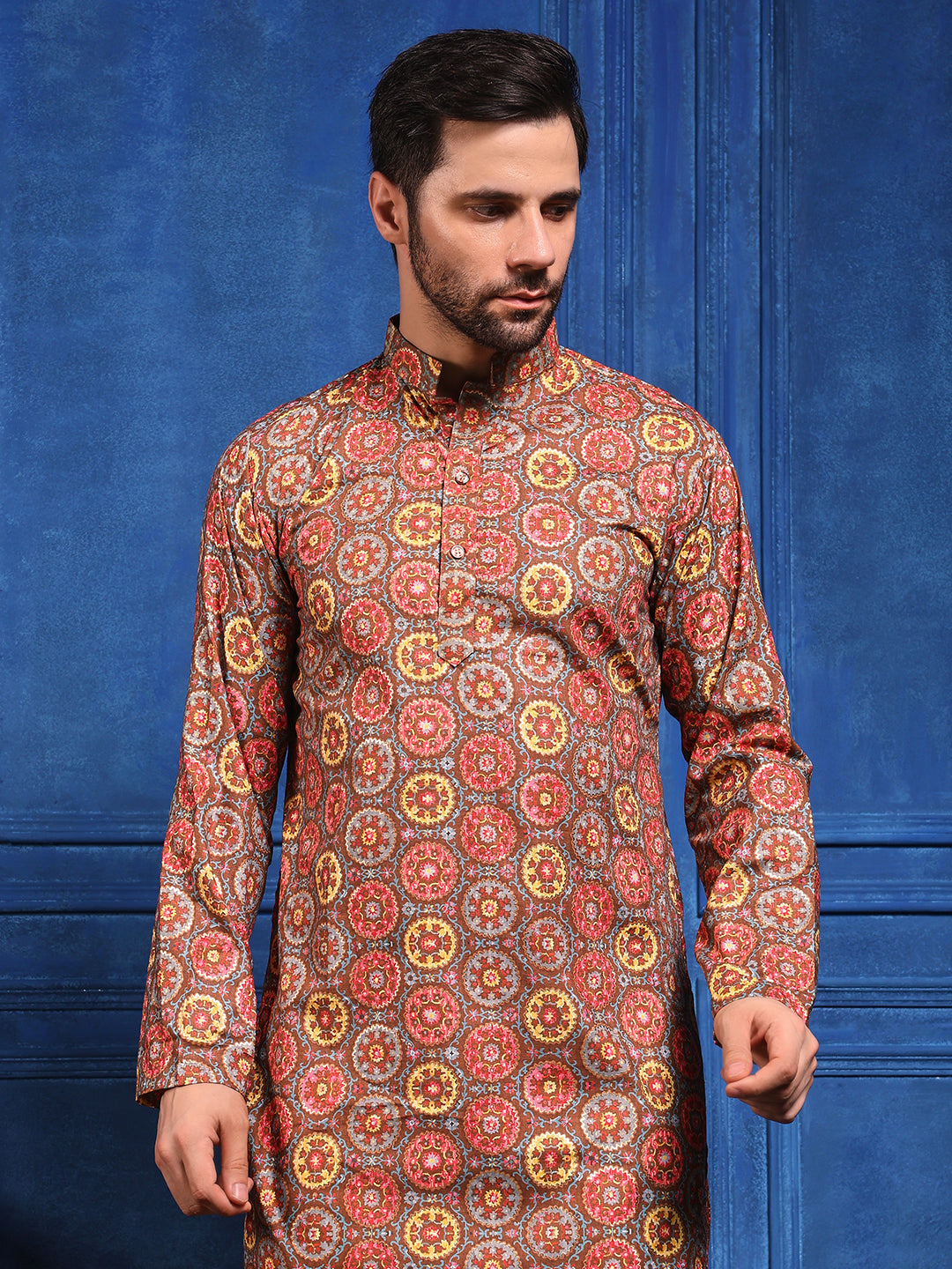 Brown Multicolored Printed Linen Kurta