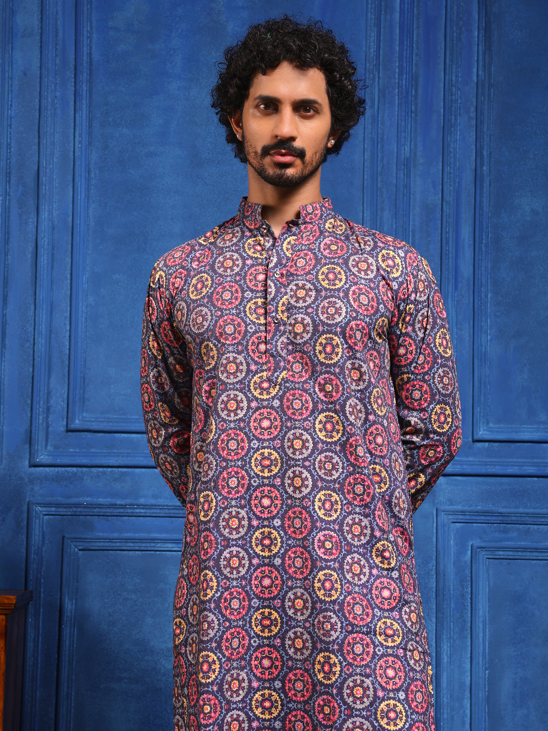 Navy Blue Multicolored Printed Linen Kurta