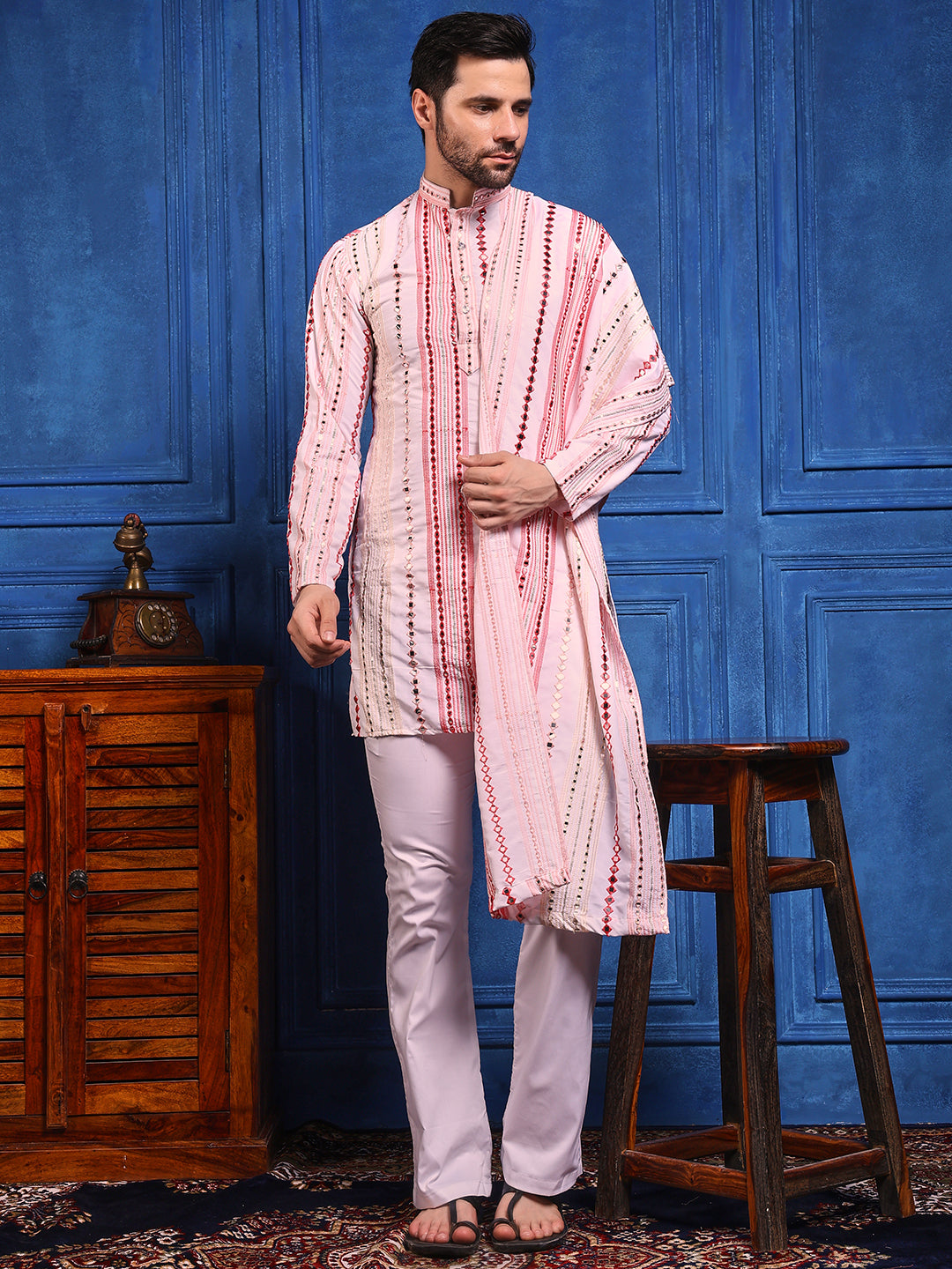 Rang Leheriya Pink Foiled Mirror Striped SHORT Kurta + dupatta Set.
