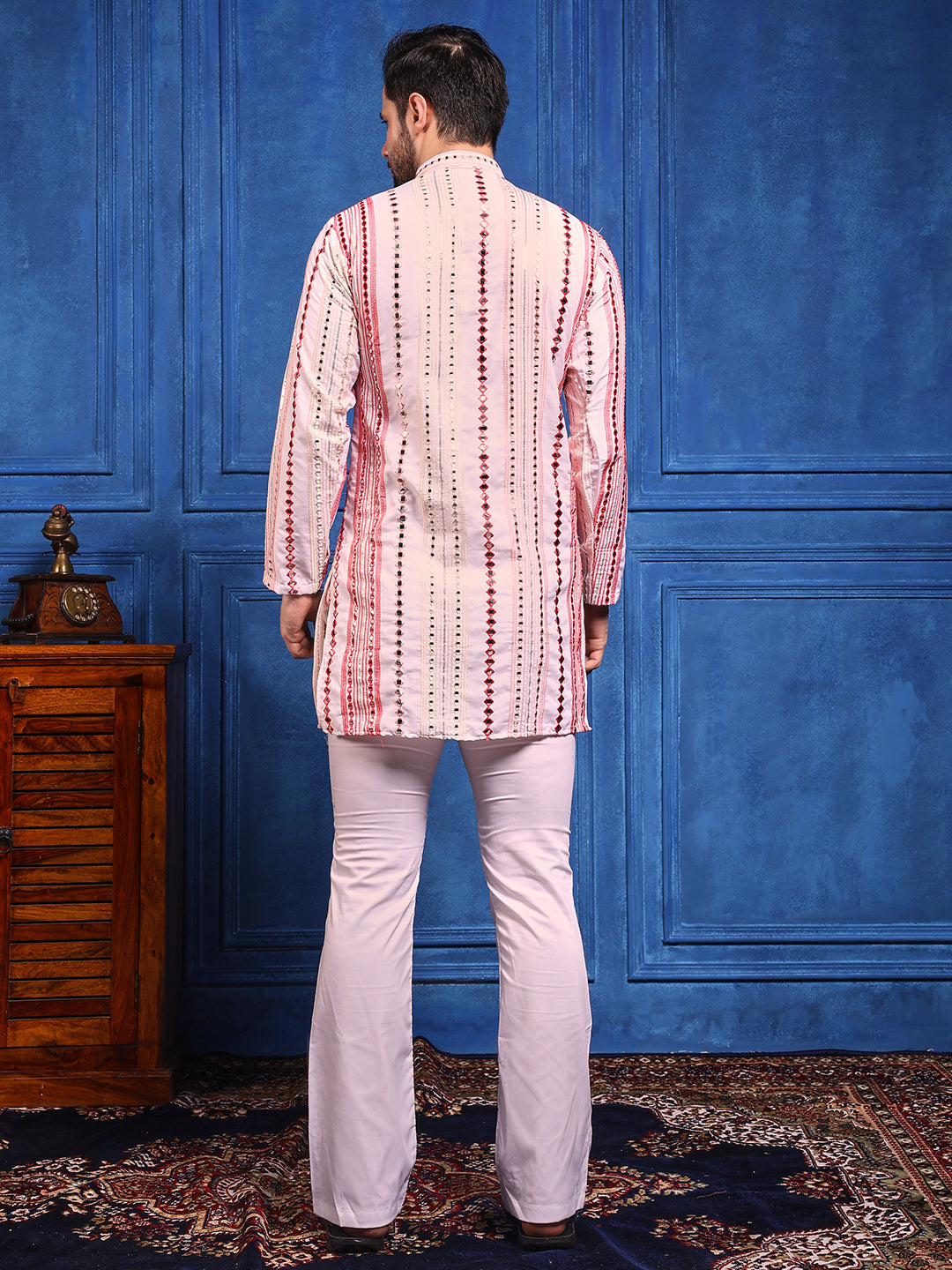 Rang Leheriya Pink Foiled Mirror Striped SHORT Kurta + dupatta Set.
