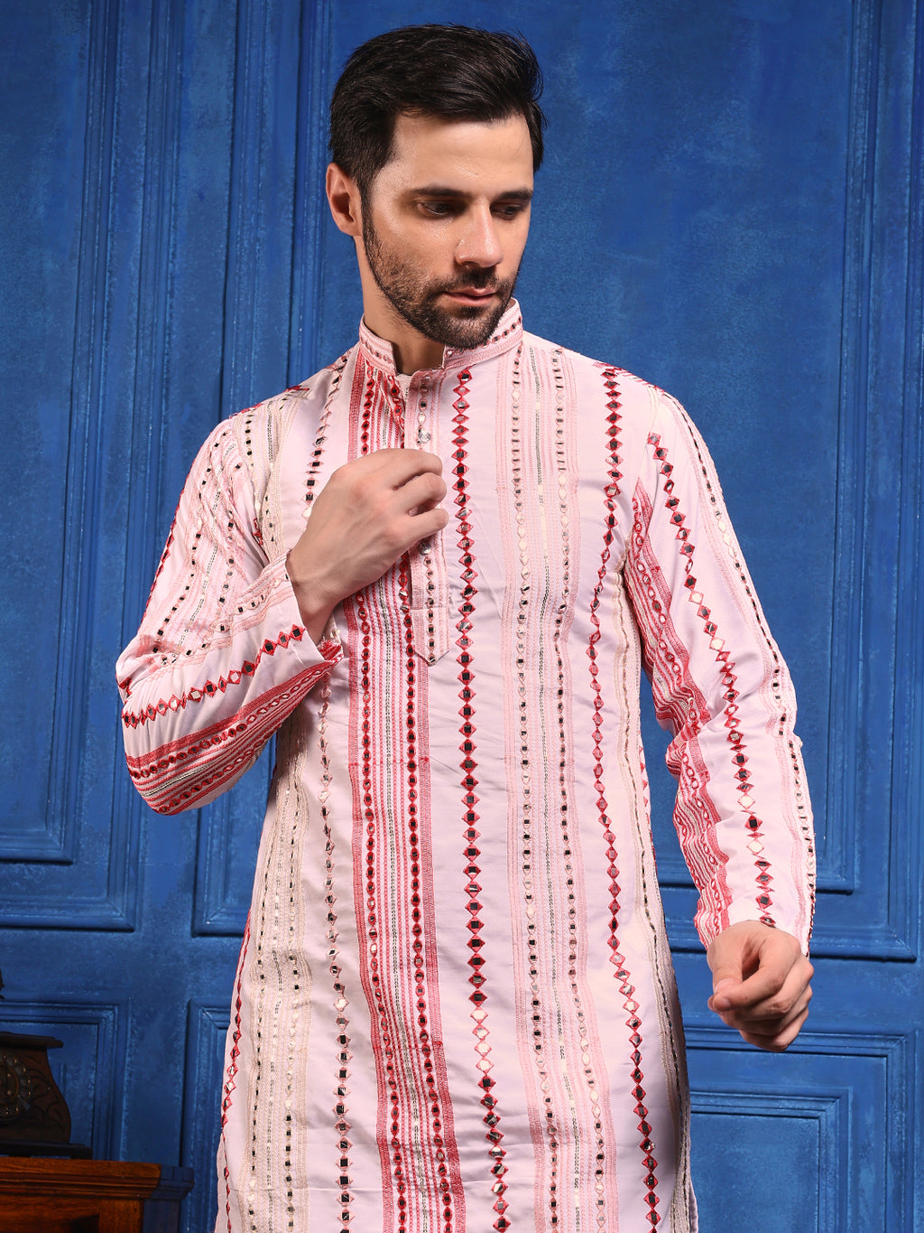 Rang Leheriya Pink Foiled Mirror Striped SHORT Kurta + dupatta Set.
