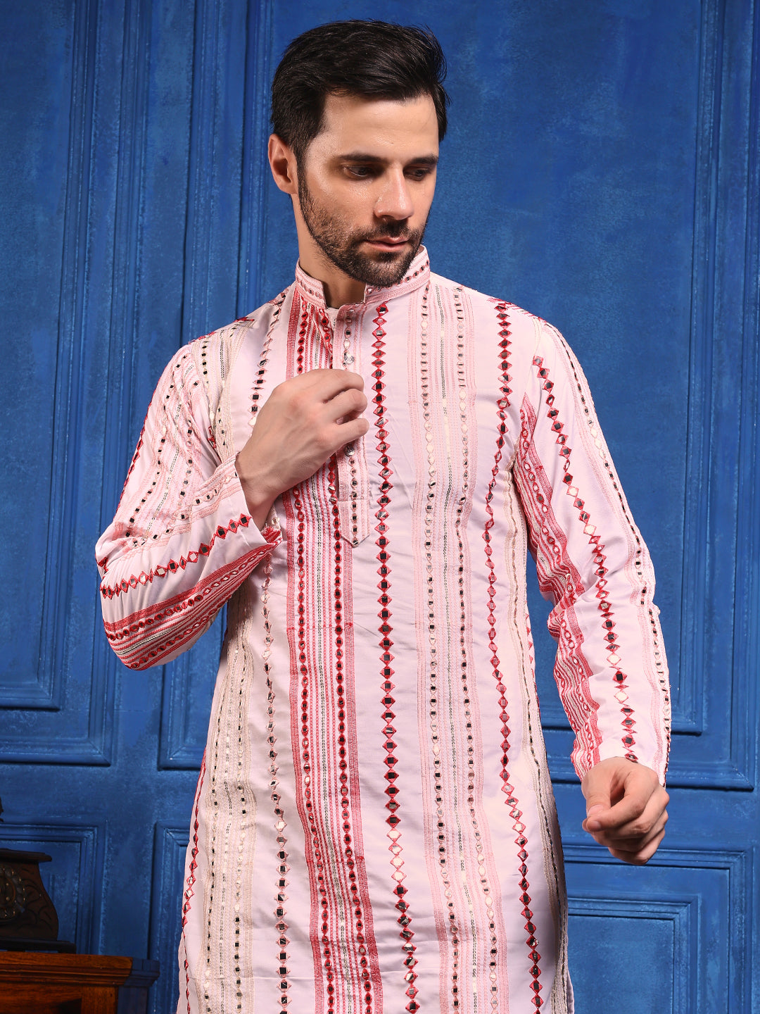 Rang Leheriya Pink Foiled Mirror Striped SHORT Kurta + dupatta Set.