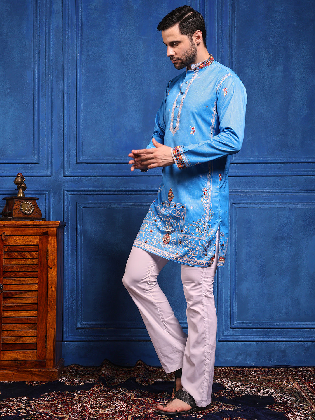 Ocean Blue Foil Print On Cotton Satin Kurta