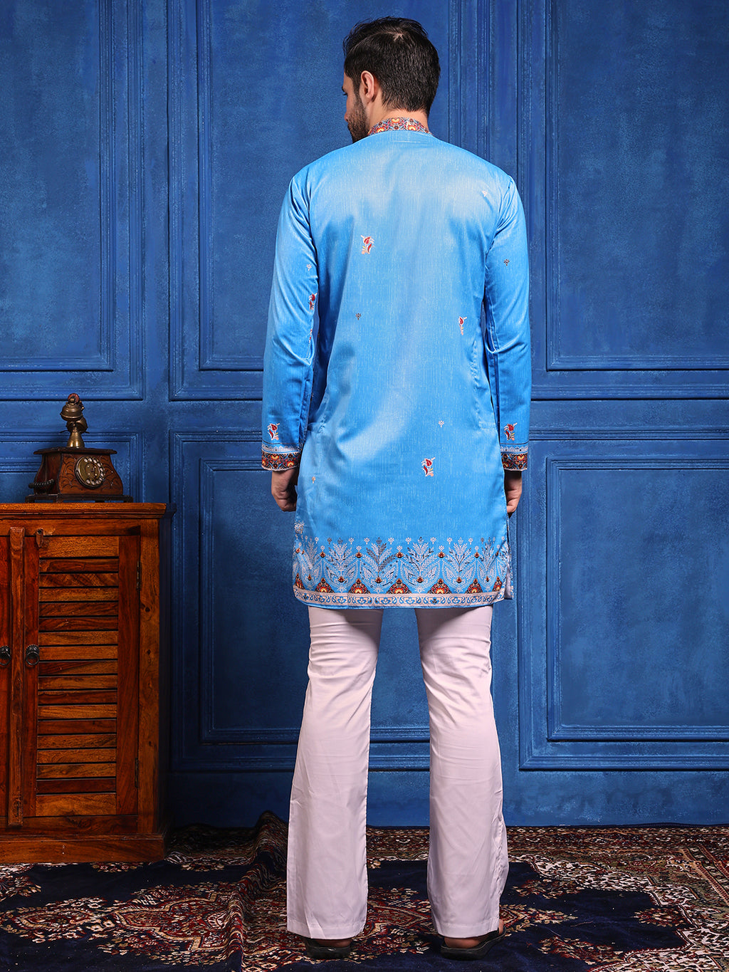 Ocean Blue Foil Print On Cotton Satin Kurta