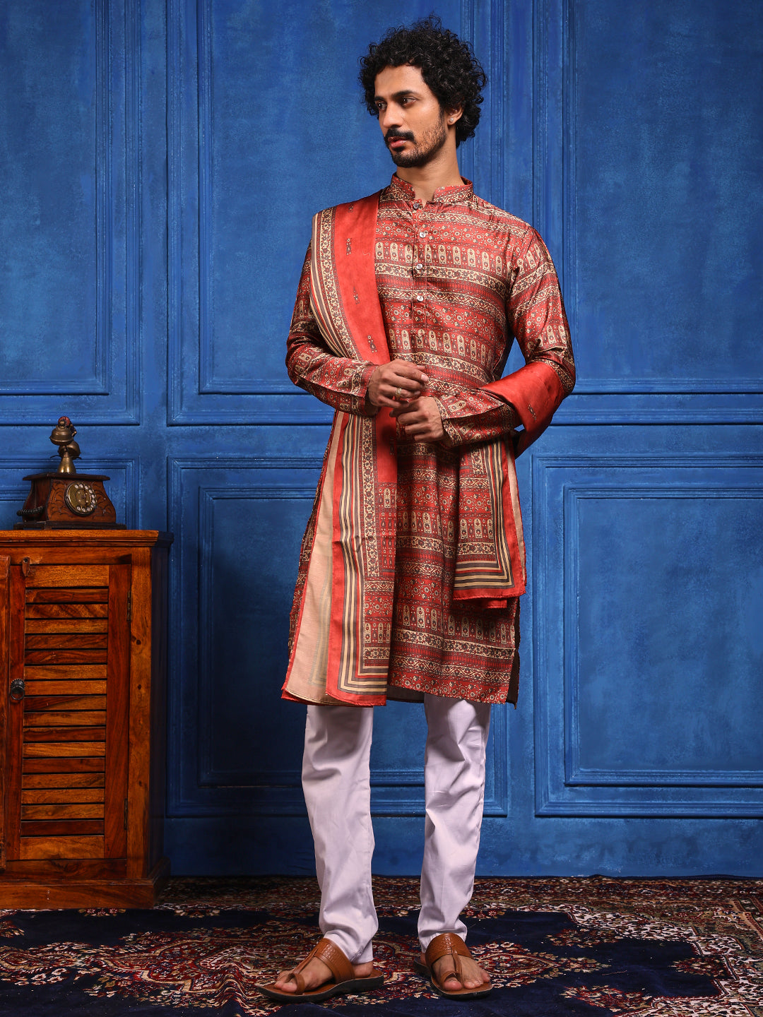 Red Structural Printed Cotton Silk Kurta Plus Dupatta pant Set