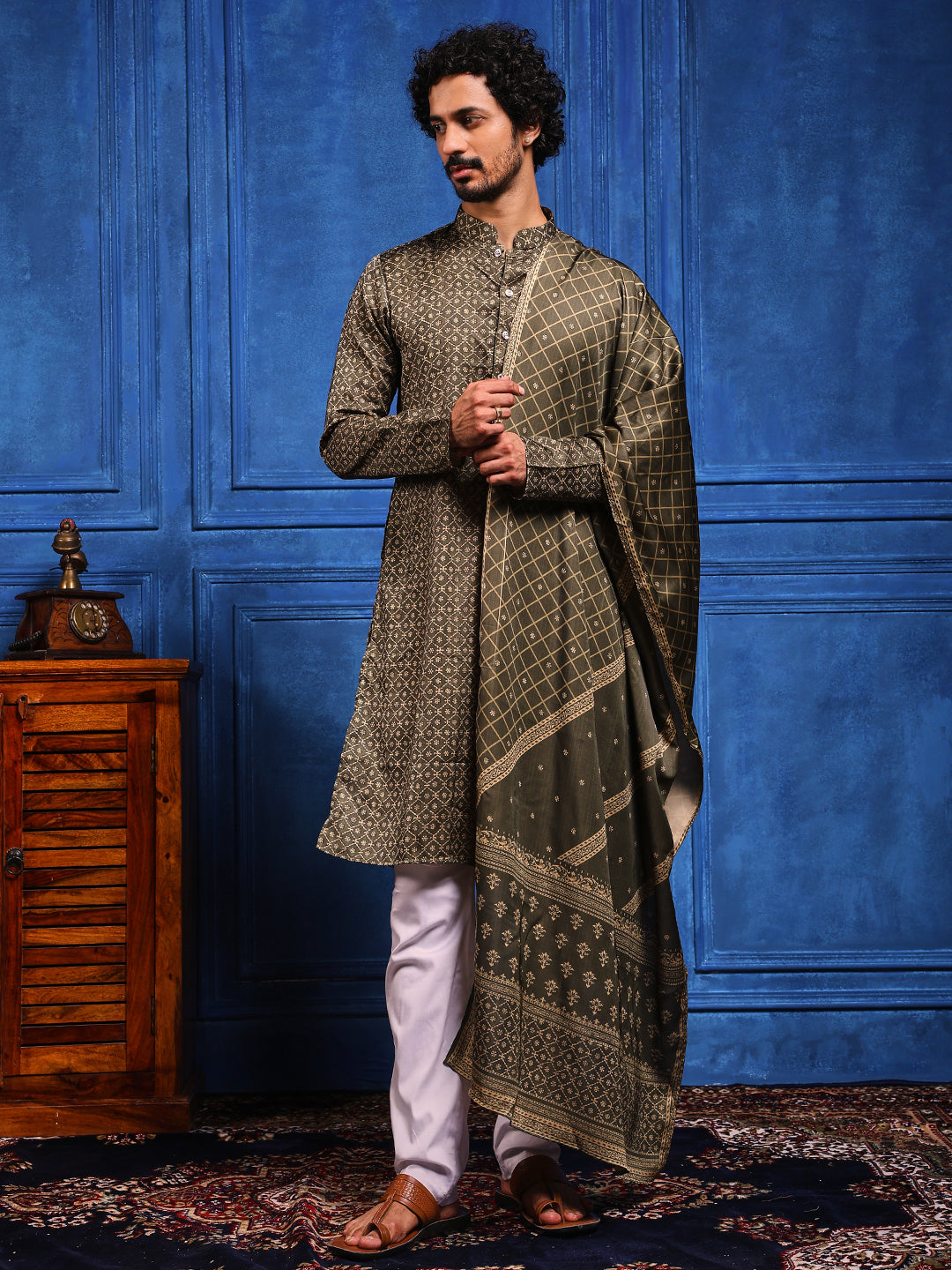 Dark Olive Structural Printed Cotton-Silk Kurta Plus Dupatta Set.