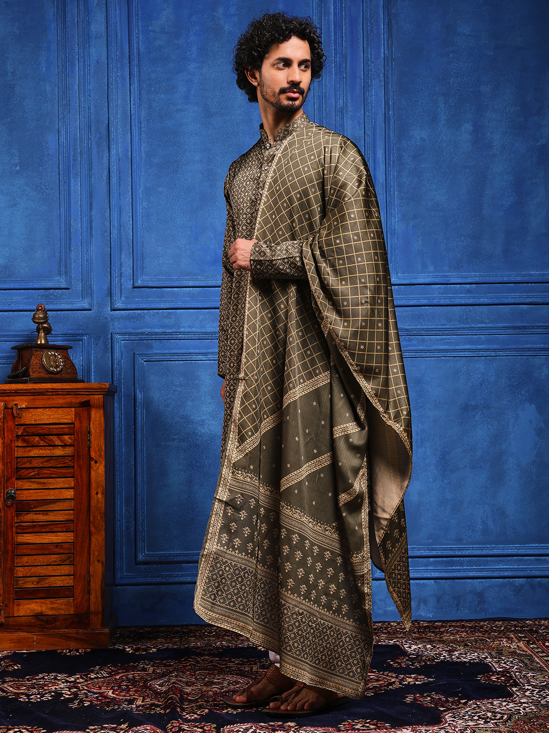Dark Olive Structural Printed Cotton-Silk Kurta Plus Dupatta Set.