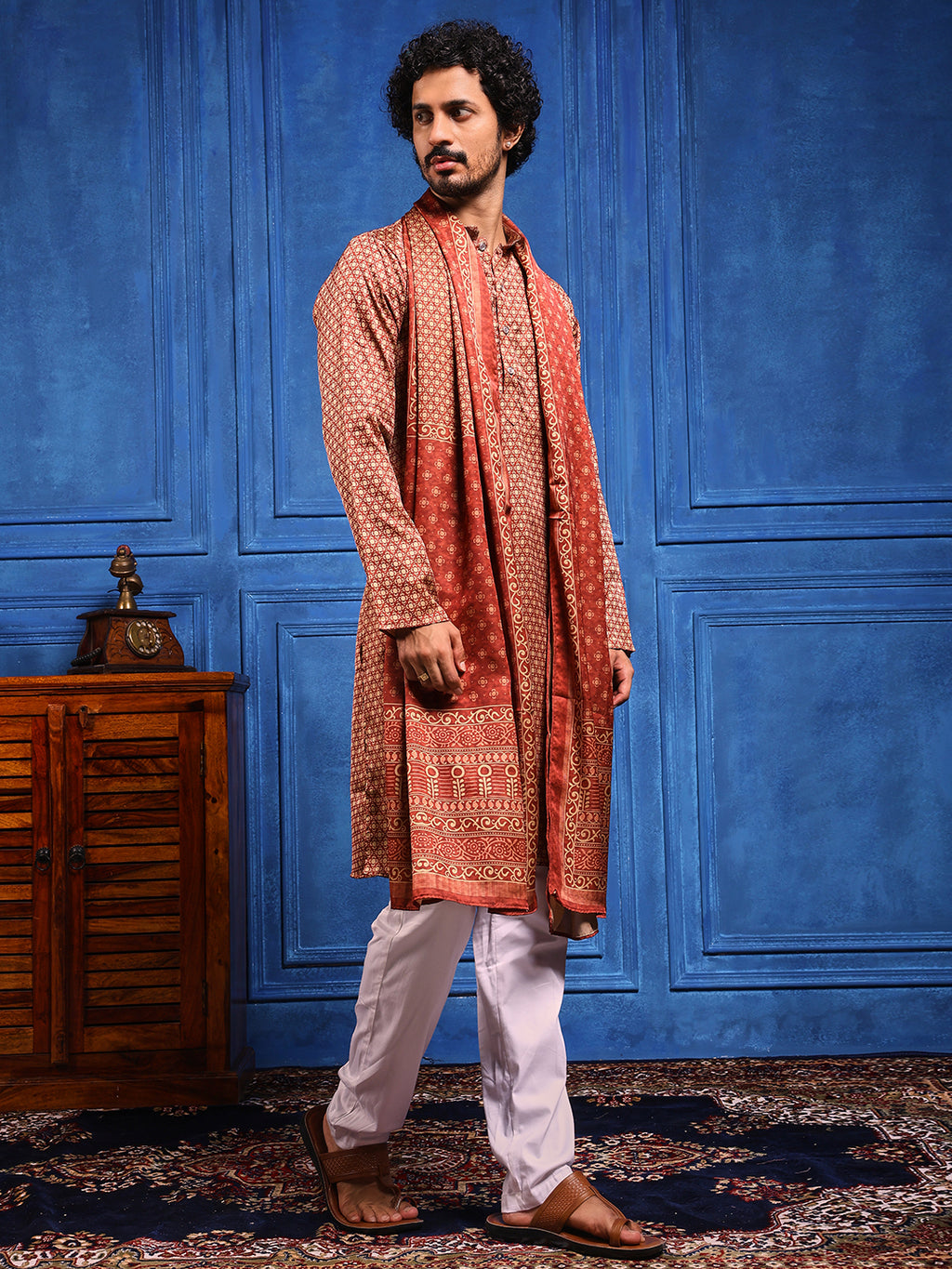 Rust Structural Printed Cotton Silk Kurta Plus Dupatta Set