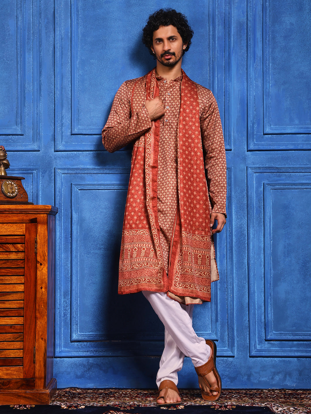 Rust Structural Printed Cotton Silk Kurta Plus Dupatta pant Set