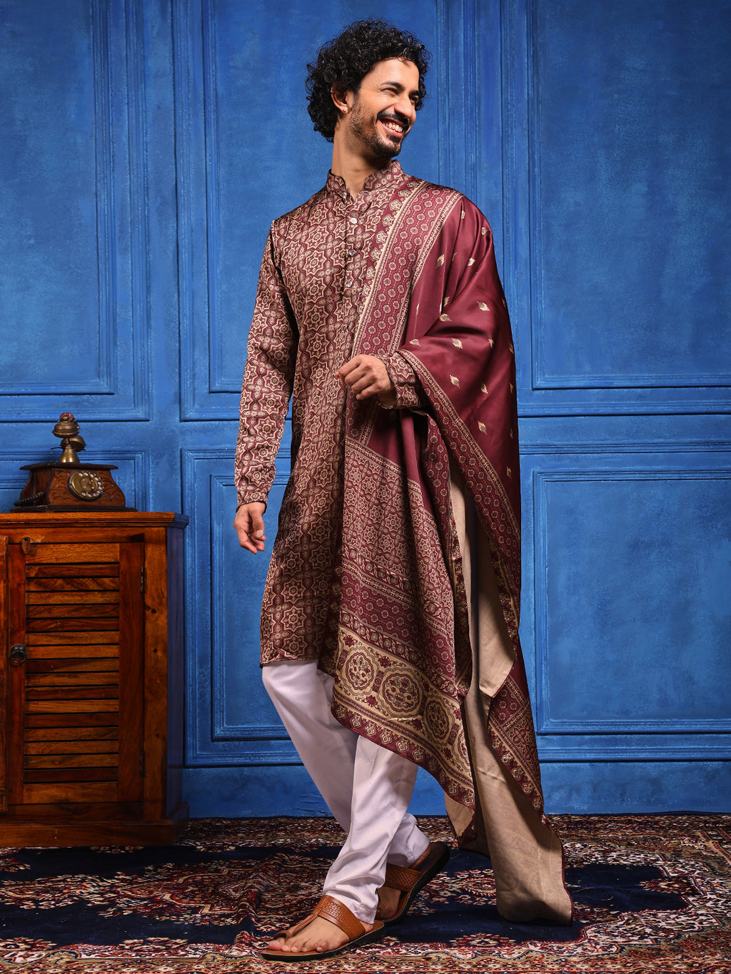 Burgundy Printed Cotton Silk Kurta Plus Dupatta Set
