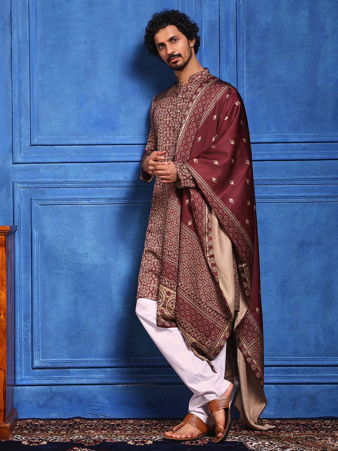 Burgundy Printed Cotton Silk Kurta Plus Dupatta pant Set