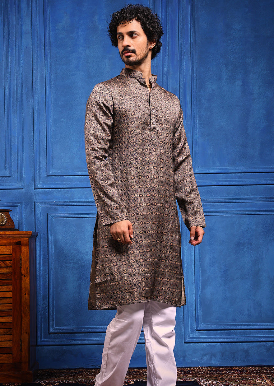 Navy Blue Structural Printed Cotton Silk Kurta Plus Dupatta Set