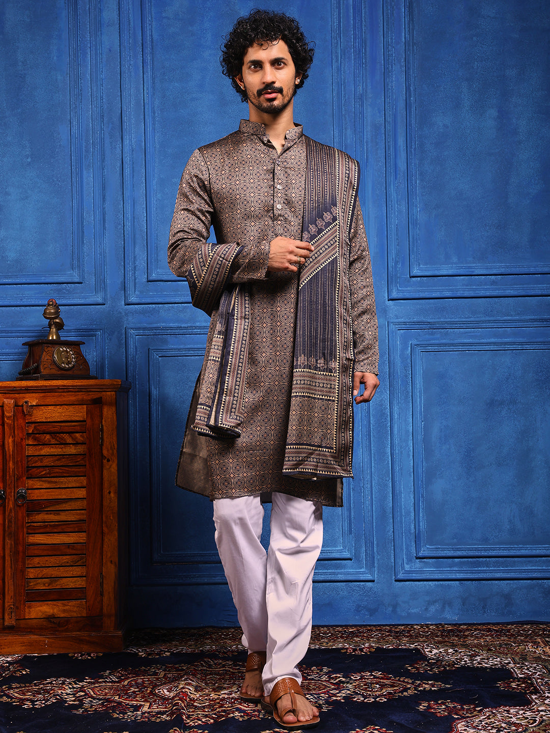 Navy Blue Structural Printed Cotton Silk Kurta Plus Dupatta Set
