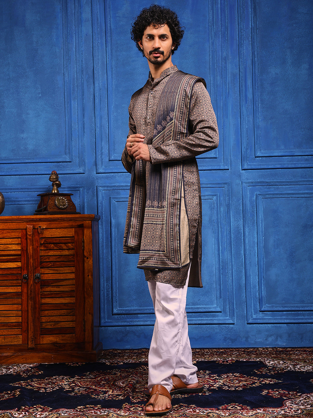 Navy Blue Structural Printed Cotton Silk Kurta Plus Dupatta Set