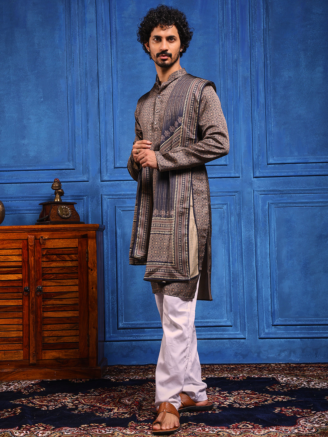 Navy Blue Structural Printed Cotton Silk Kurta Plus Dupatta Set