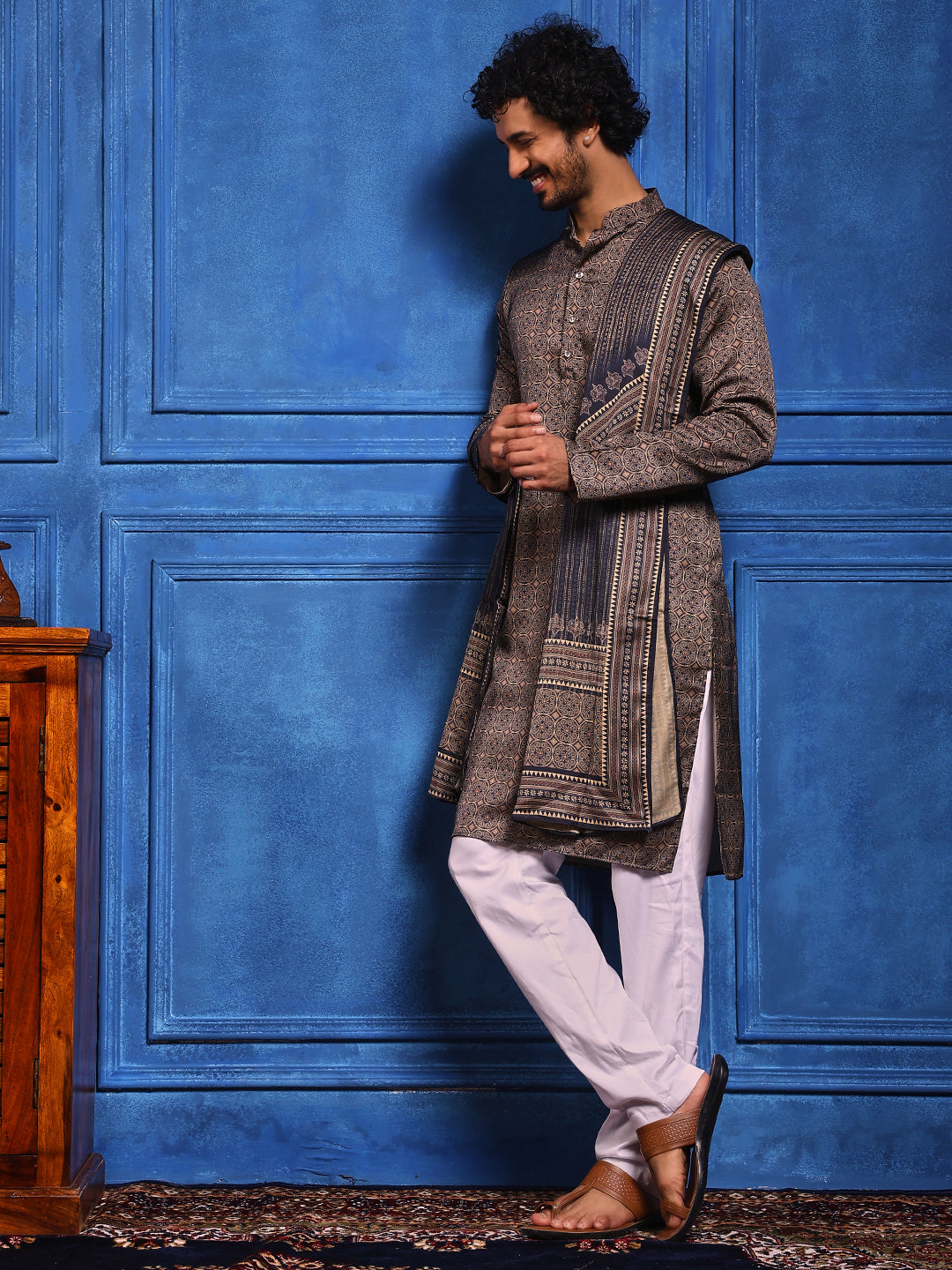 Navy Blue Structural Printed Cotton Silk Kurta Plus Dupatta Set