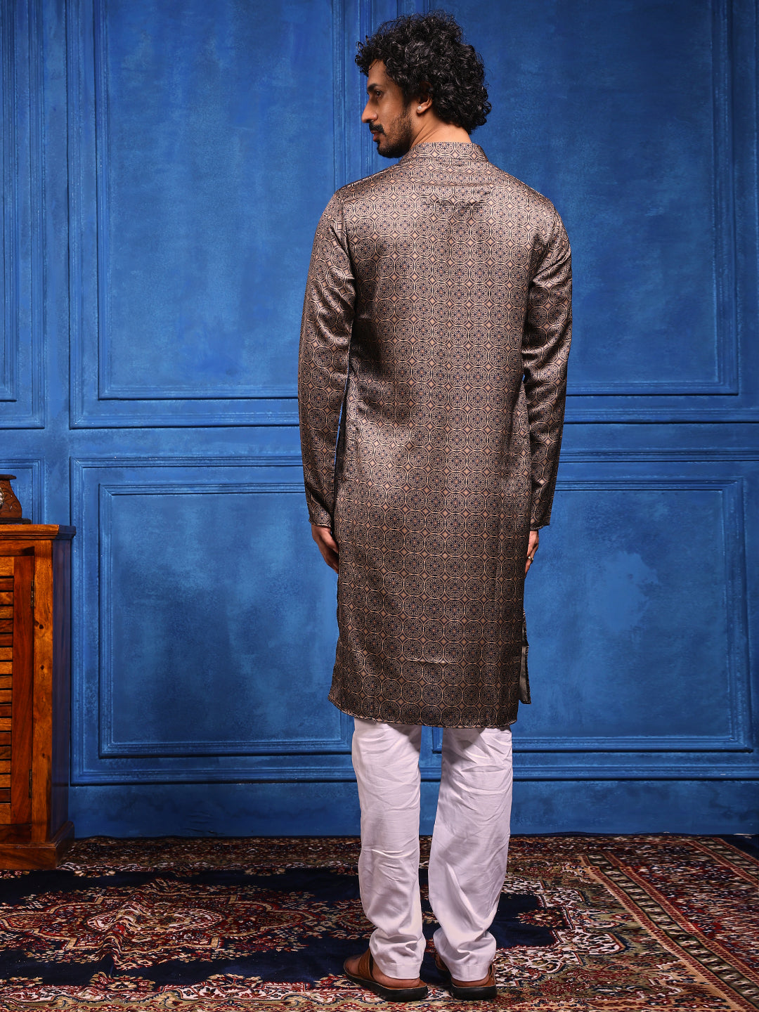 Navy Blue Structural Printed Cotton Silk Kurta Plus Dupatta Set