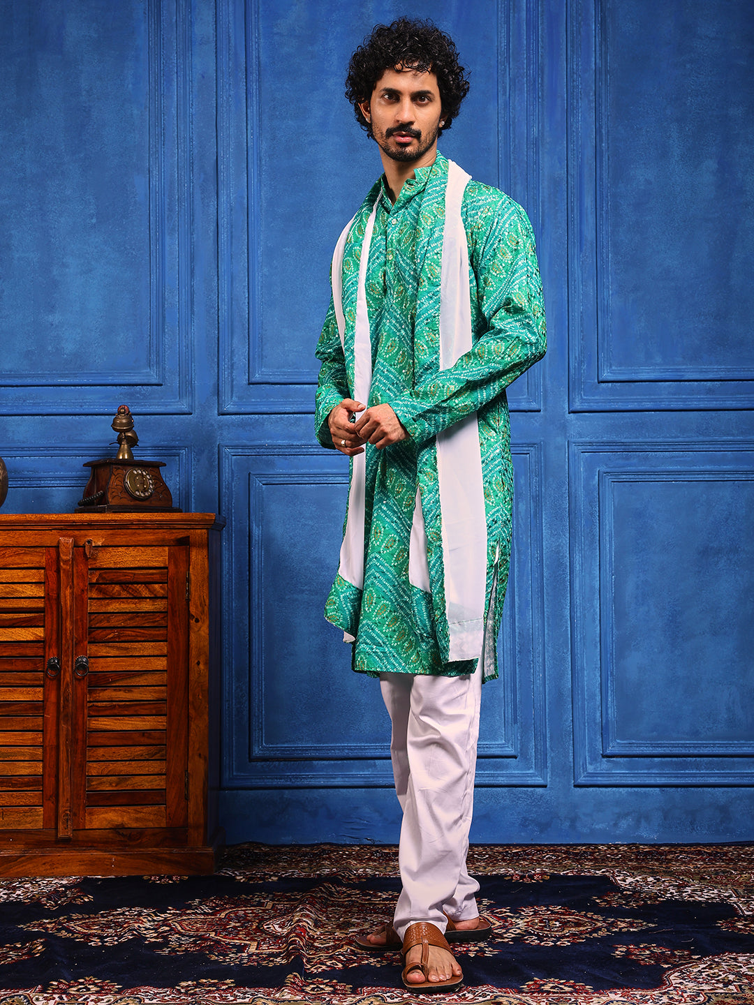 Green Bandhani Printed Kurta Plus Dupatta Set